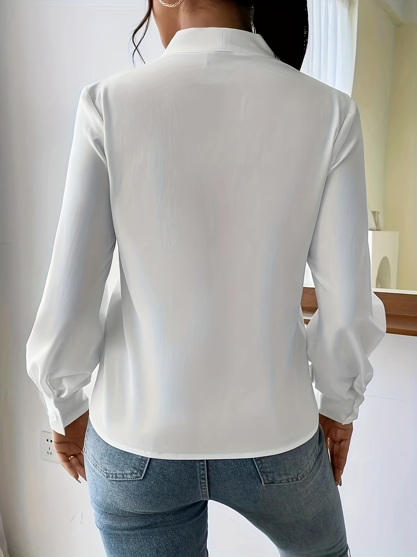 Sixsr Solid V-neck Pleated Blouse, Elegant Long Sleeve Blouse For Office & Work, Women's Clothing