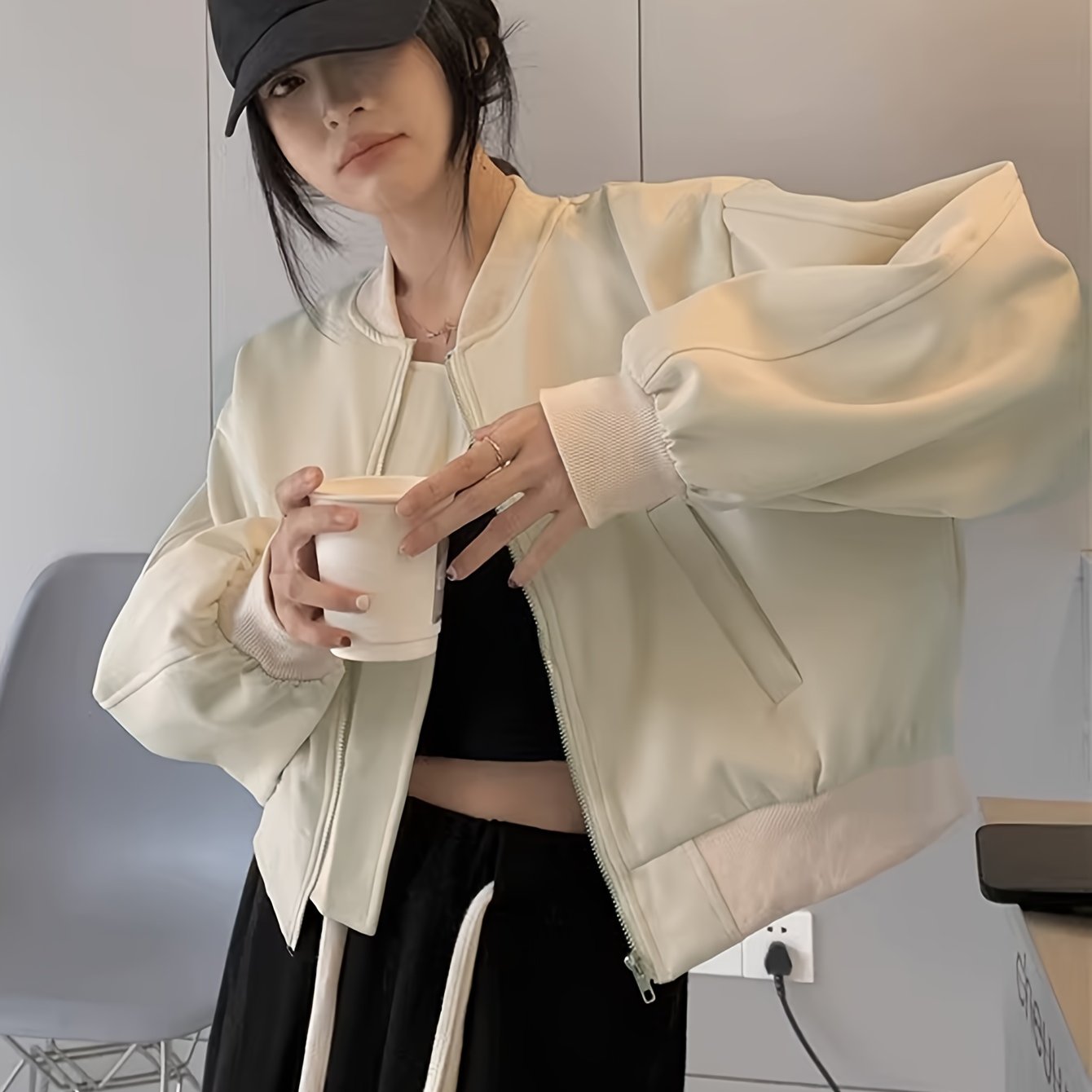 Sixsr Solid Zipper Pockets Bomber Jacket, Casual Long Sleeve Outwear For Fall & Winter, Women's Clothing