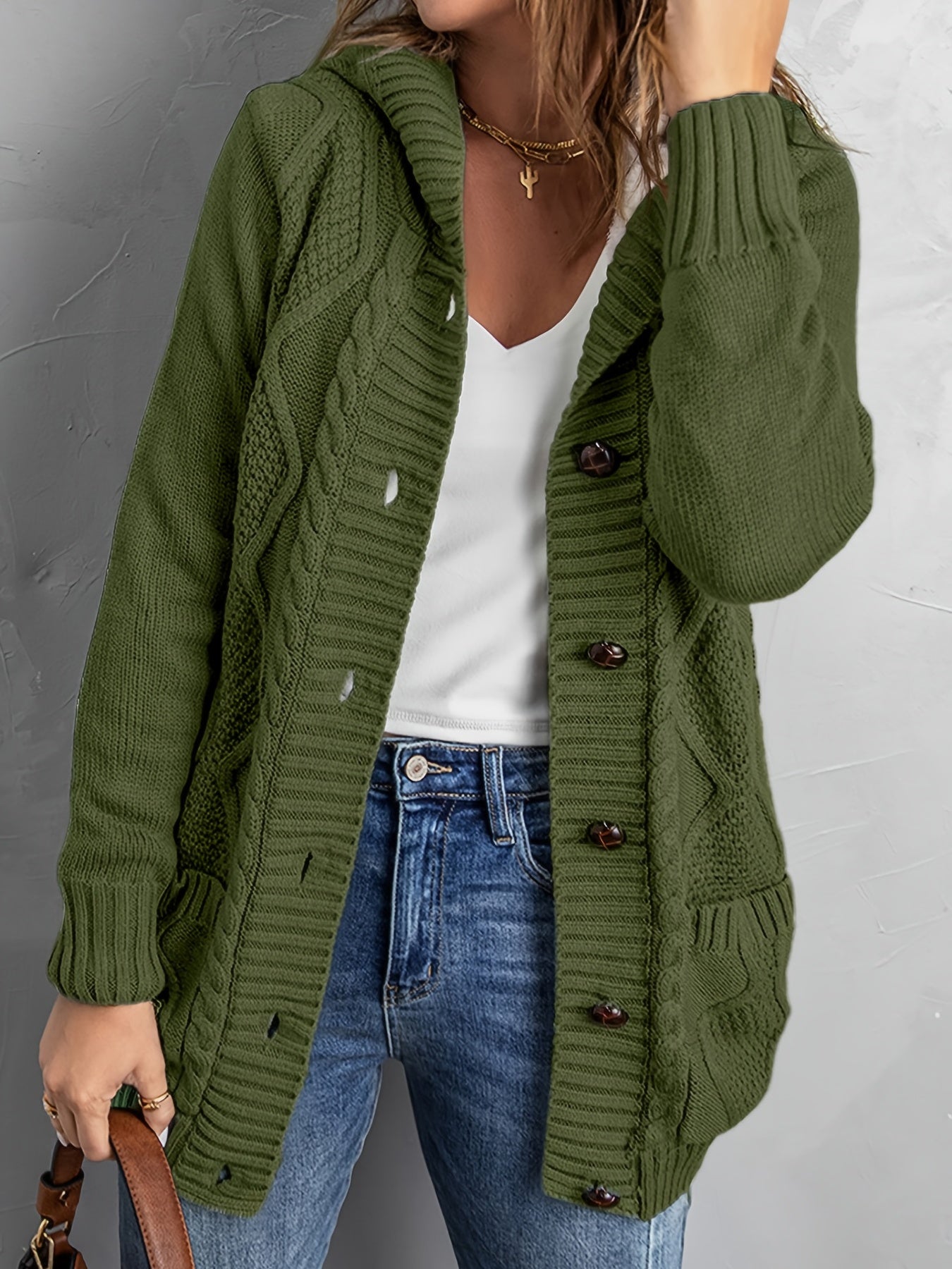 Sixsr Oversized Knit Hoodie, Long Chunky Knit Front Pocket Hooded Cardigan Sweater, Casual Tops For Fall & Winter, Women's Clothing