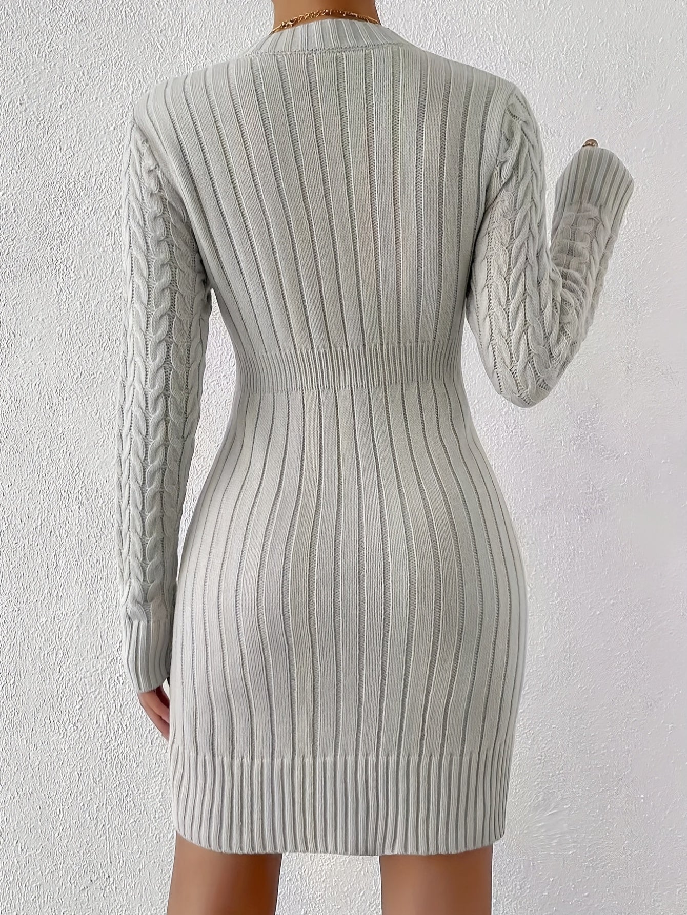 Sixsr Twist Pattern Crew Neck Slim Dress, Casual Long Sleeve Cinched Waist Knitted Dress For Spring & Fall, Women's Clothing