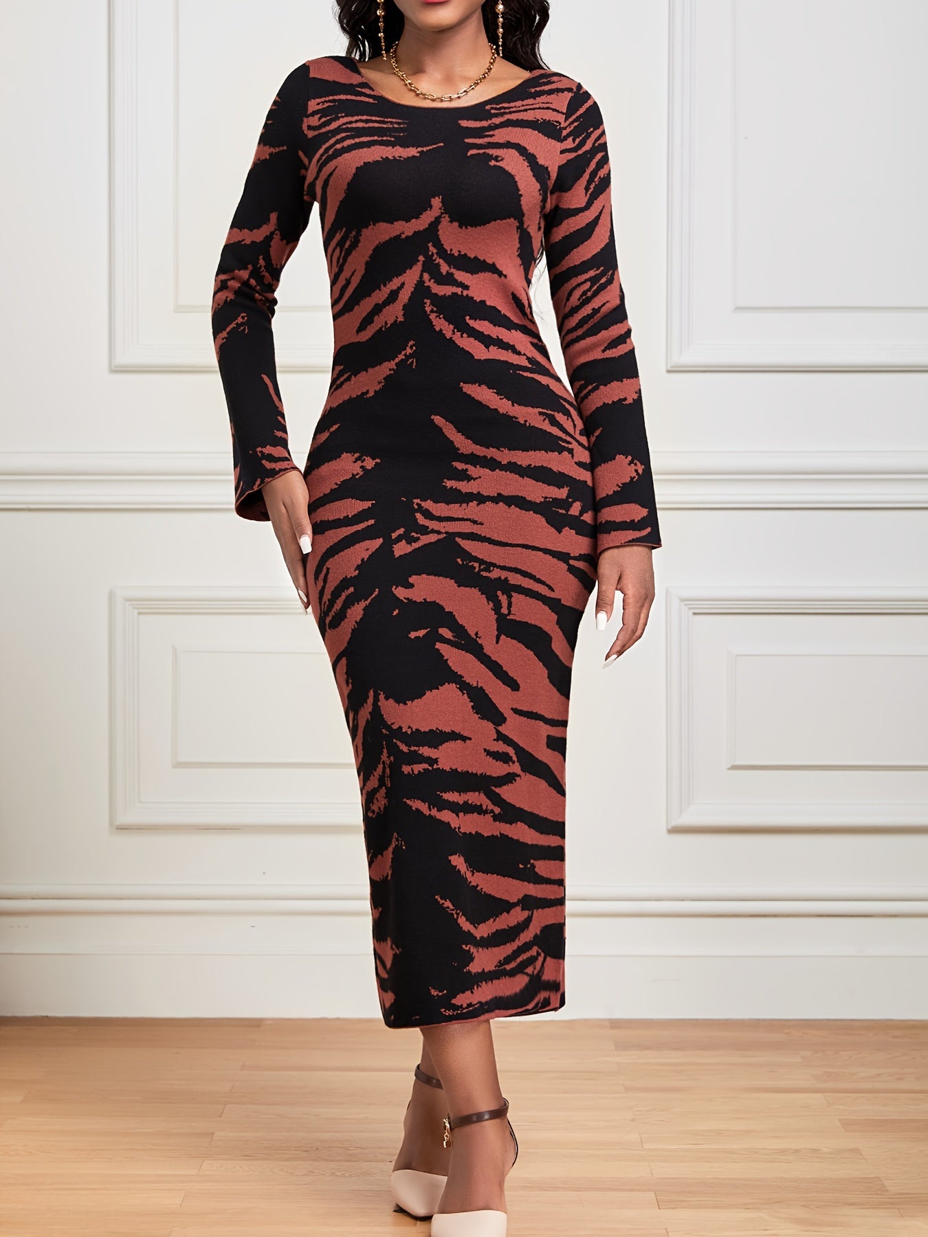 Sixsr Allover Print Crew Neck Bodycon Dress, Elegant Long Sleeve Midi Dress, Women's Clothing