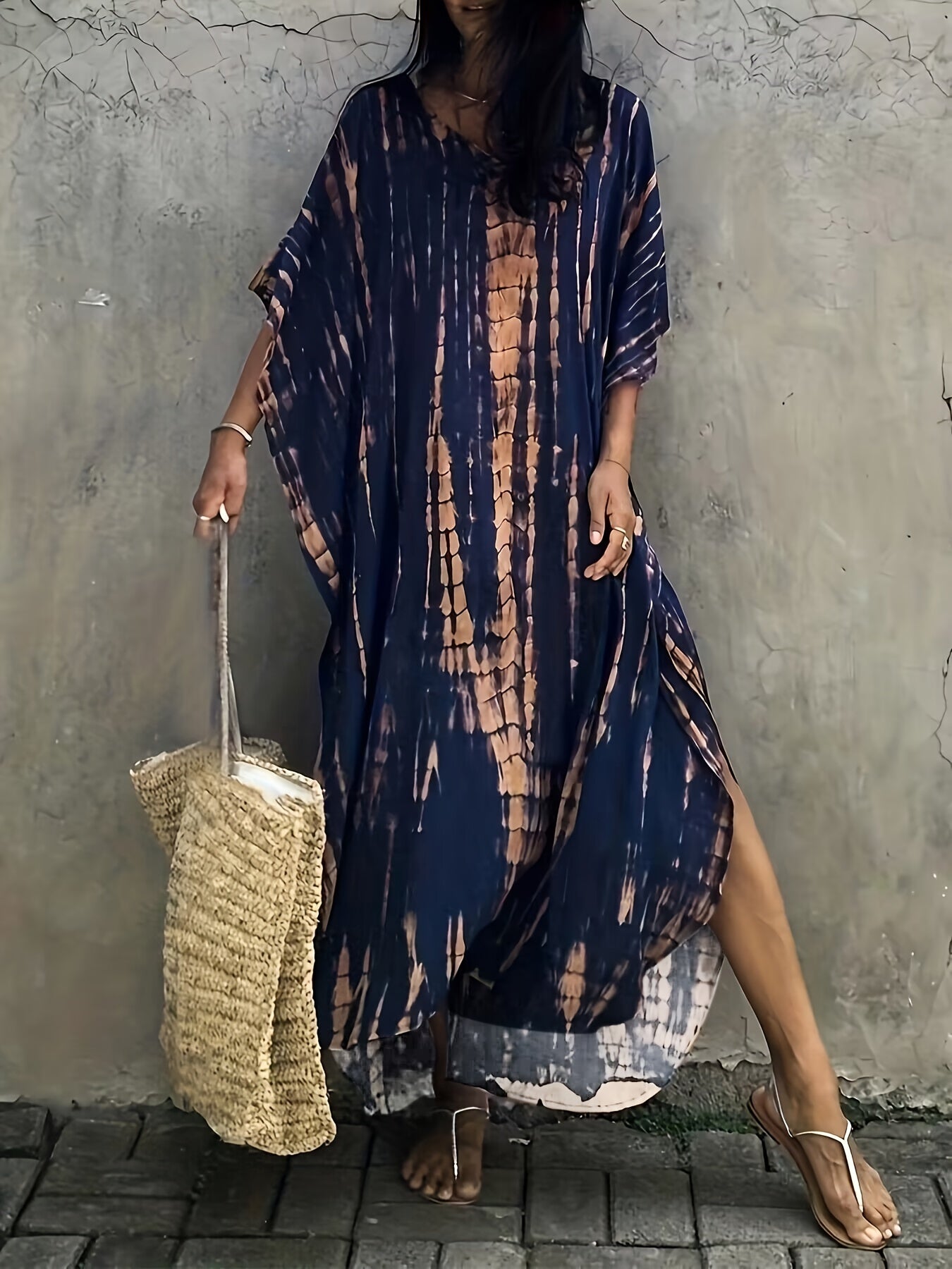 Sixsr V Neck Oversized Kaftan Dress, Bohemian Loose Beach Vacation Dress, Women's Clothing