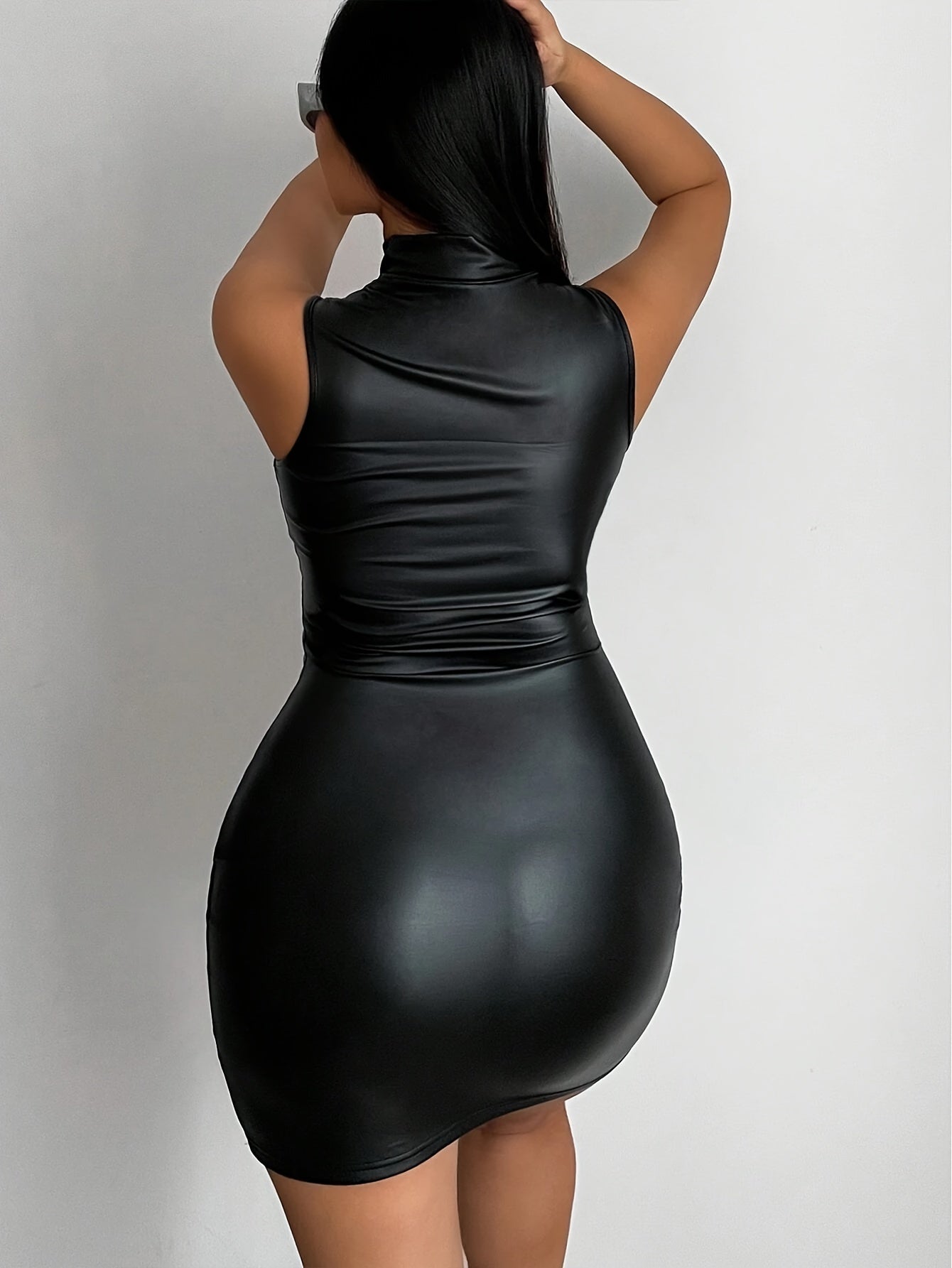 Sixsr Faux Leather Bodycon Dress, Stylish Mock Neck Sleeveless Tank Dress, Women's Clothing