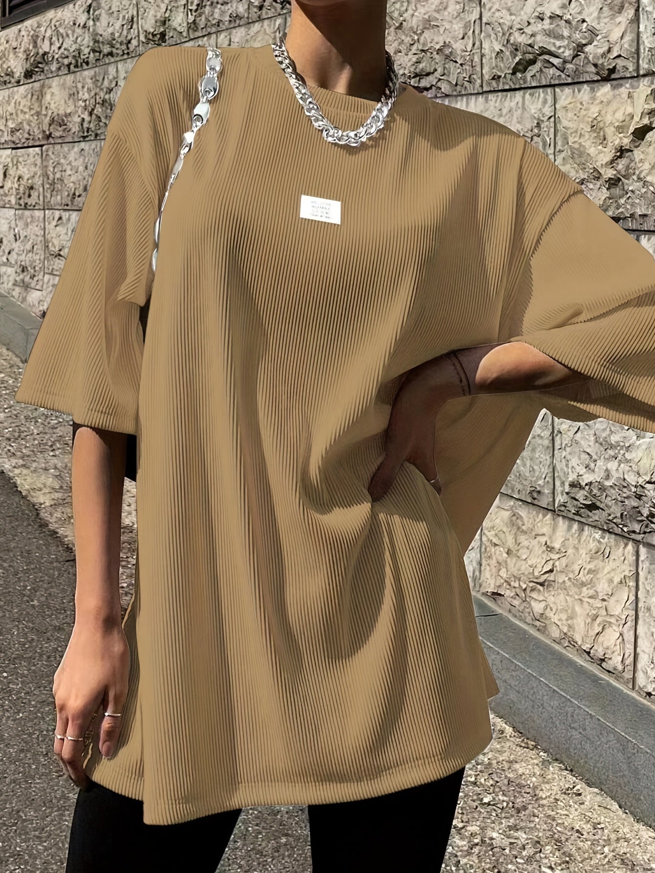 Sixsr Oversized Drop Shoulder Ribbed T-Shirt, Casual Crew Neck Short Sleeve T-Shirt For Spring & Summer, Women's Clothing