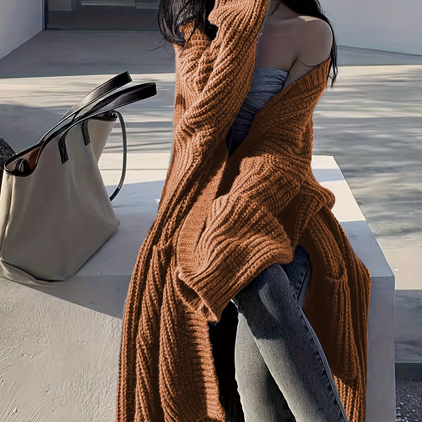 Sixsr Solid Open Front Loose Knit Cardigan, Casual Long Sleeve Long Length Sweater With Pocket, Women's Clothing