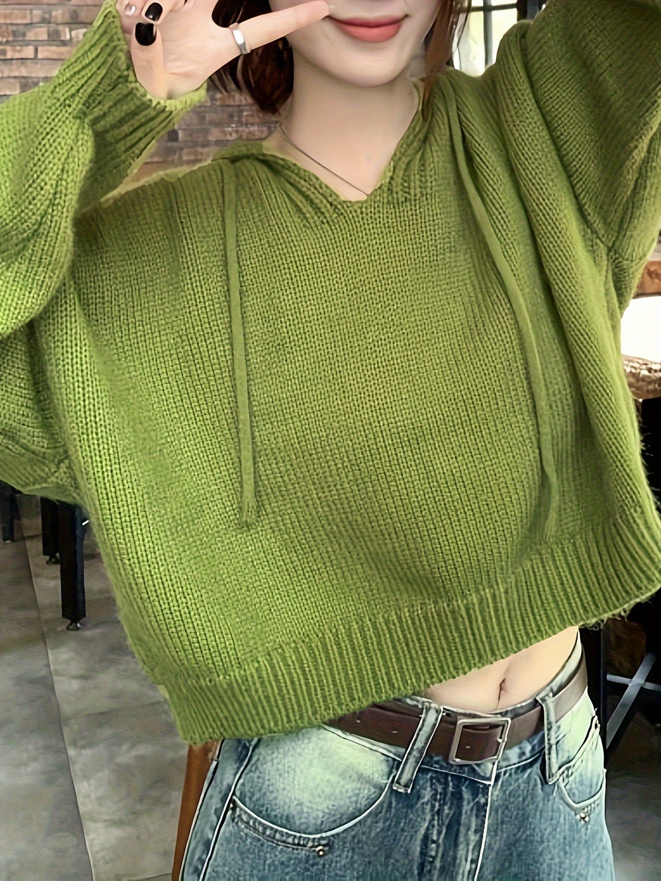 Sixsr Solid Drawstring Hooded Sweater, Casual Long Sleeve Drop Shoulder Loose Sweater, Women's Clothing