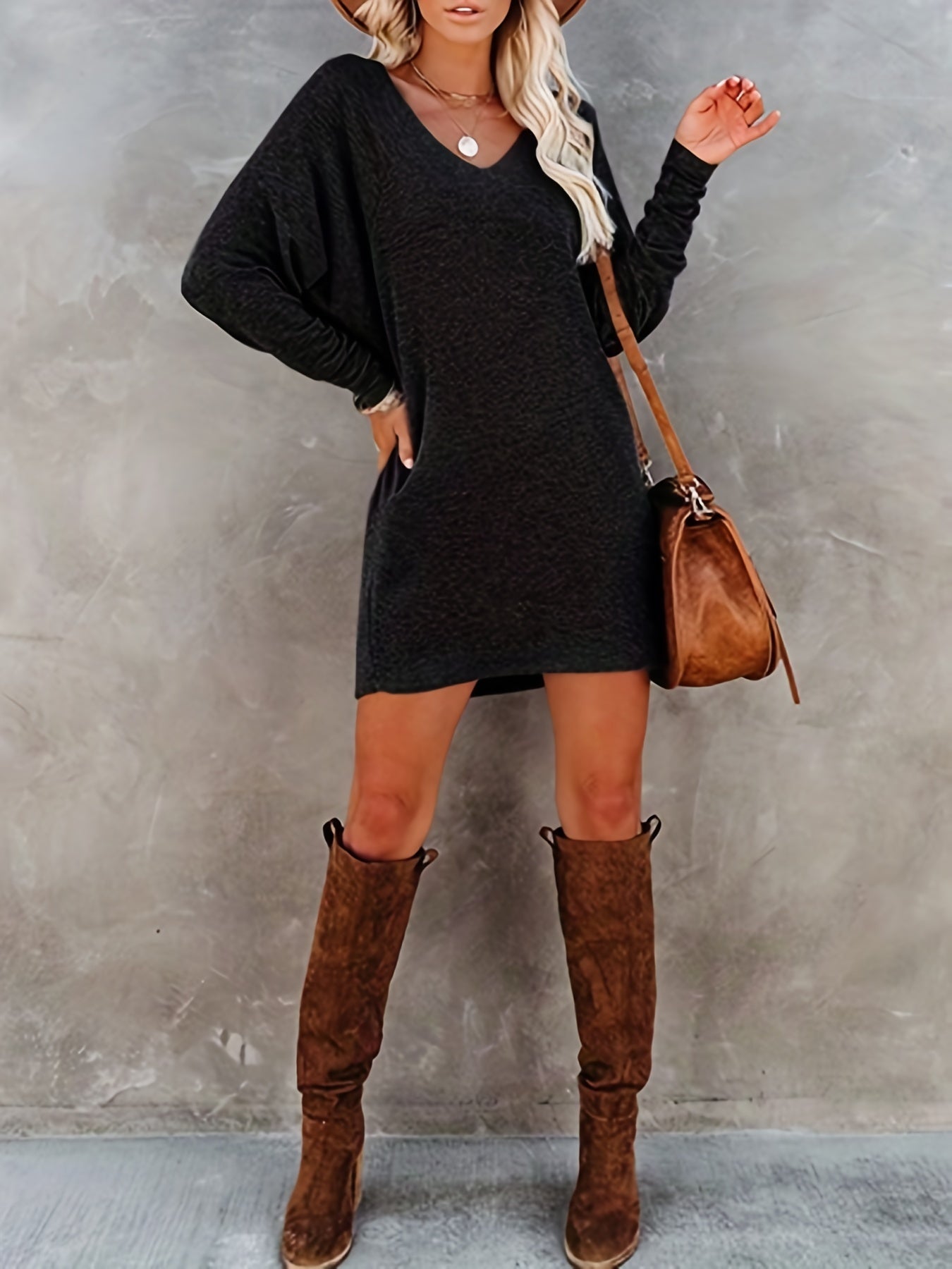 Sixsr Batwing Long Sleeve Dress, Casual V Neck Simple Mini Dress, Women's Clothing