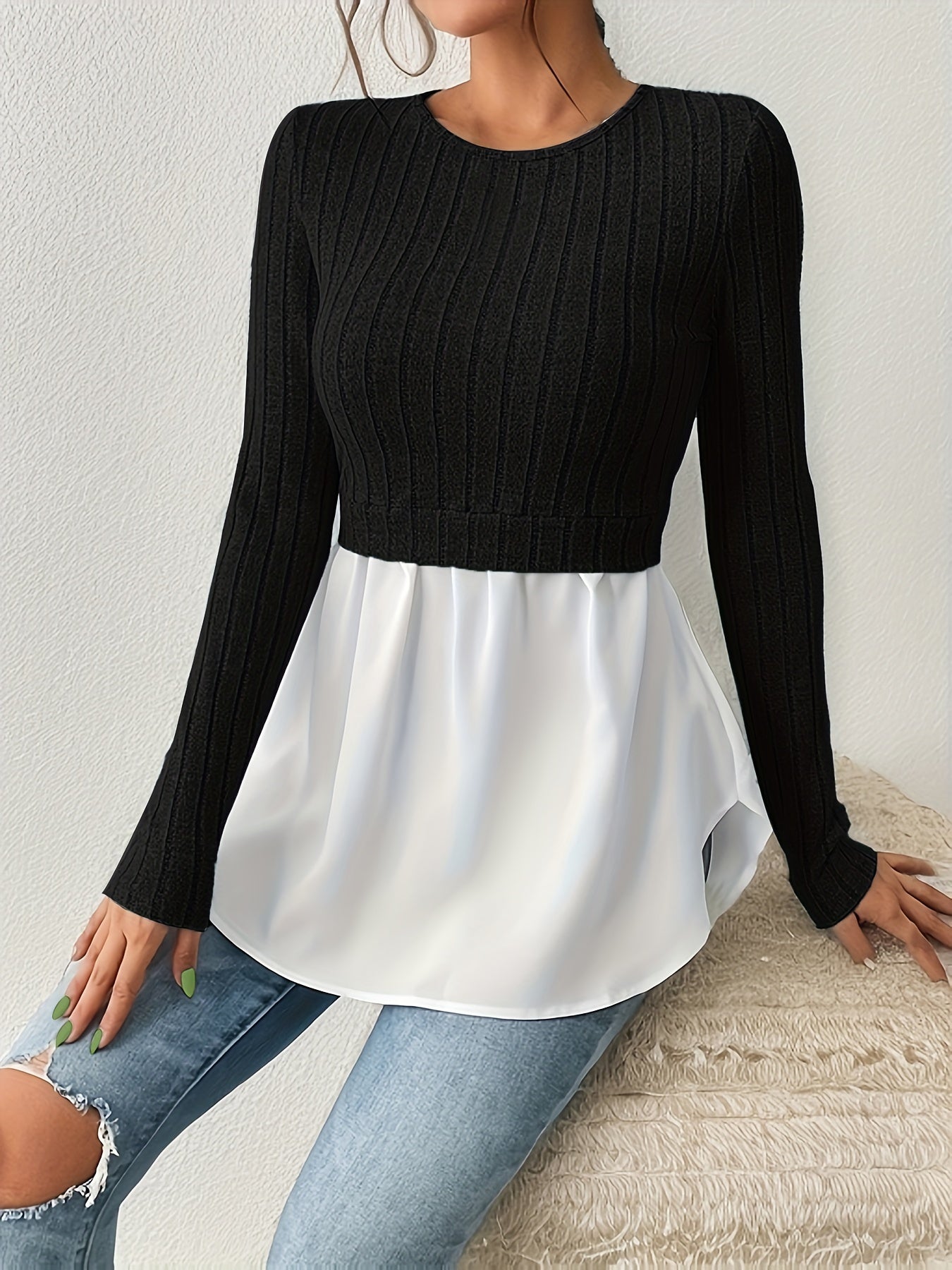 Sixsr 2 In 1 Ribbed Paneled Crew Neck T-Shirt, Casual Long Sleeve Top For Spring & Fall, Women's Clothing