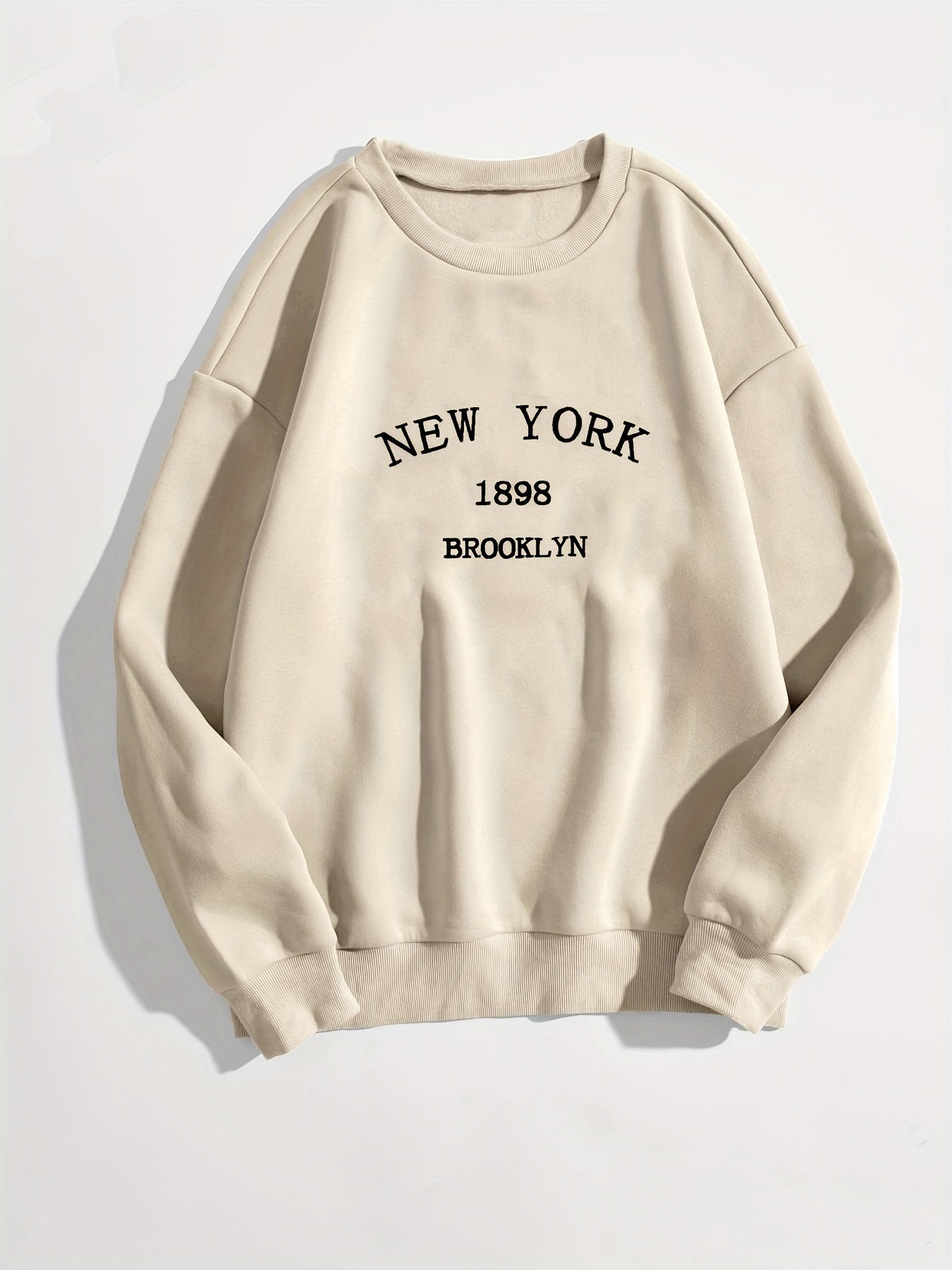 Sixsr New York Brooklyn Print Loose Sweatshirt, Casual Long Sleeve Crew Neck Sweatshirt, Women's Clothing