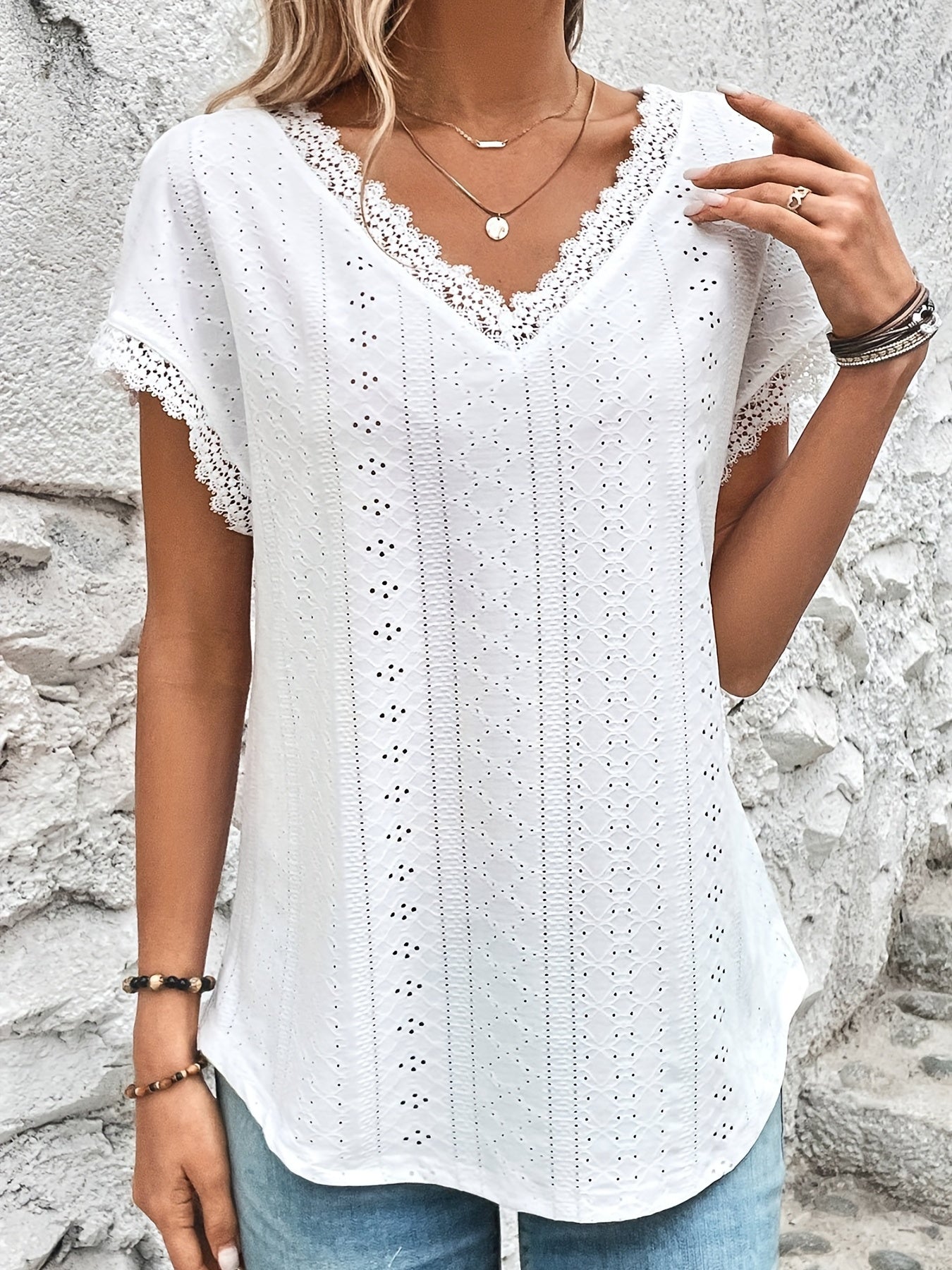 Sixsr Lace Trim Eyelet Blouse, V Neck Loose Casual Top For Spring & Summer, Women's Clothing