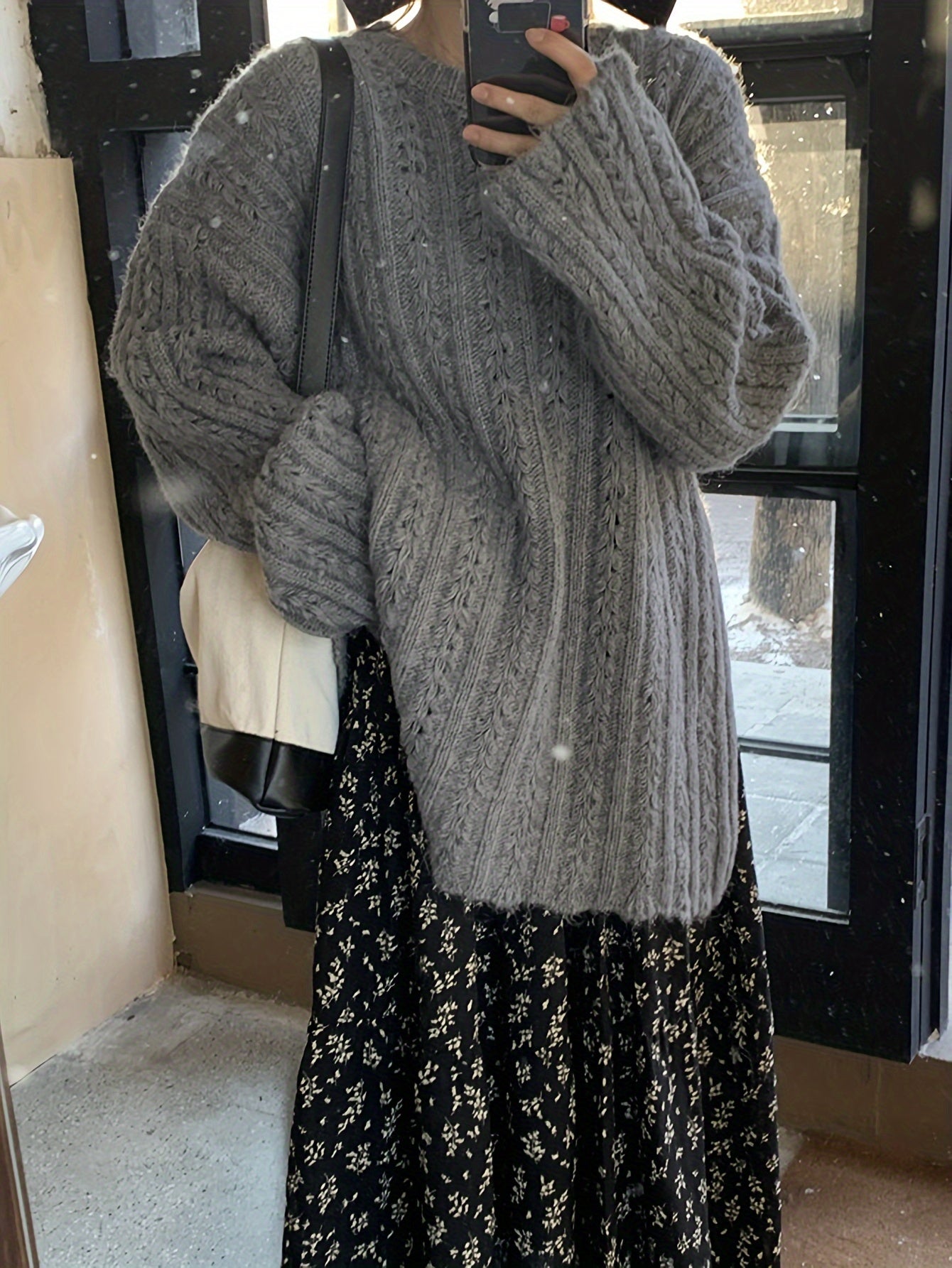 Sixsr Split Hem Crew Neck Sweater, Casual Long Sleeve Cable Sweater For Fall & Winter, Women's Clothing