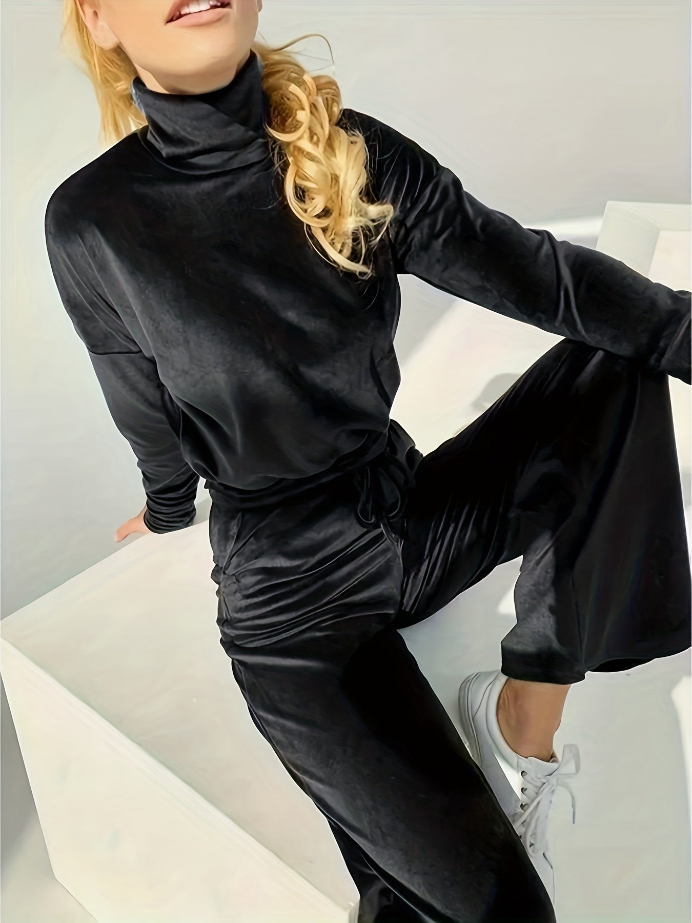 Sixsr Solid Casual Two-piece Set, Crew Neck Long Sleeve Tops & Drawstring Wide Leg Pants Outfits, Women's Clothing