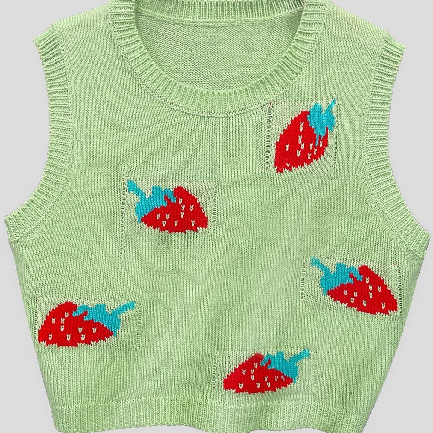 Sixsr Strawberry Print Sweater Vest, Cute Preppy Crew Neck Sleeveless Vest, Women's Clothing