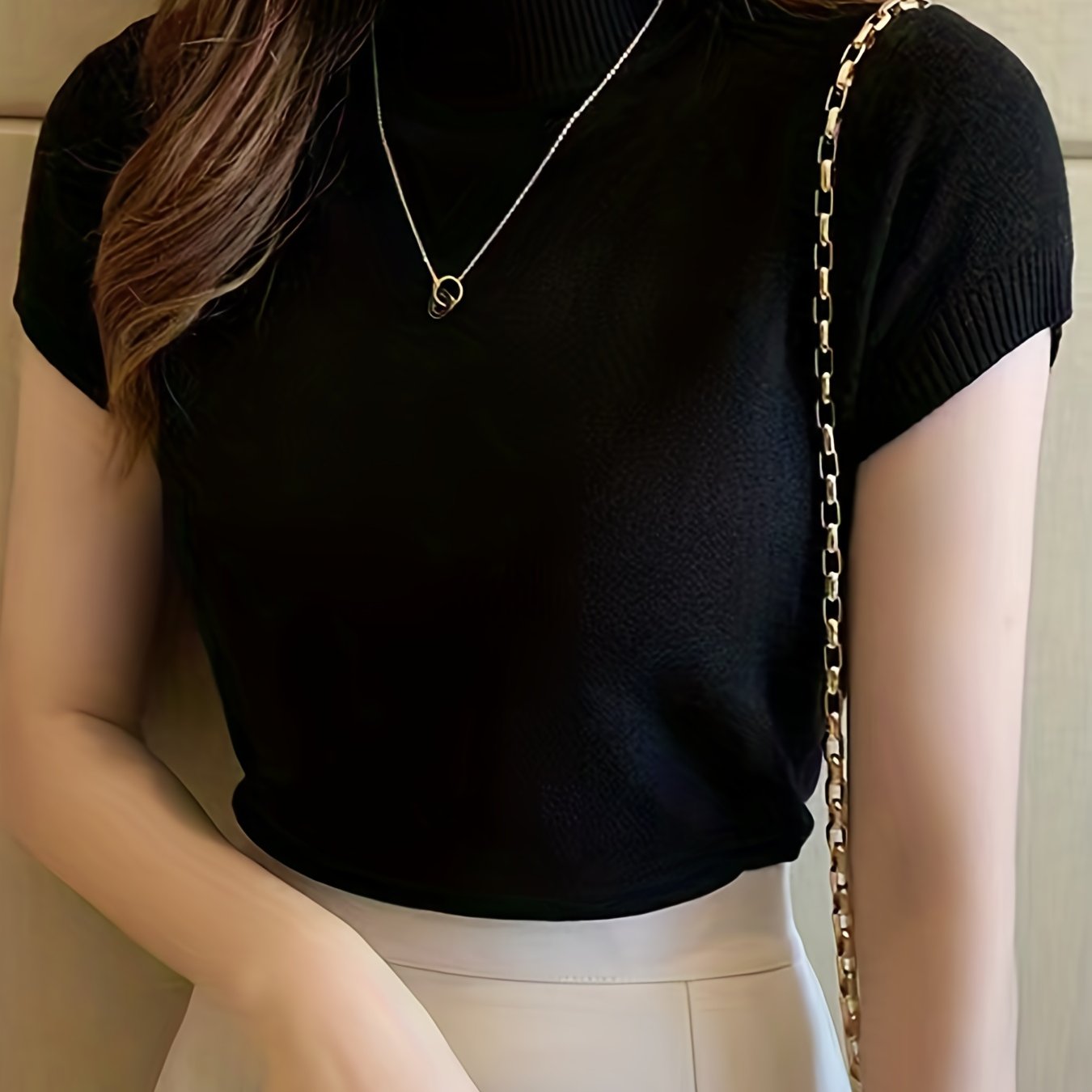 Sixsr Solid Mock Neck Knit Sweater, Casual Short Sleeve Sweater, Women's Clothing