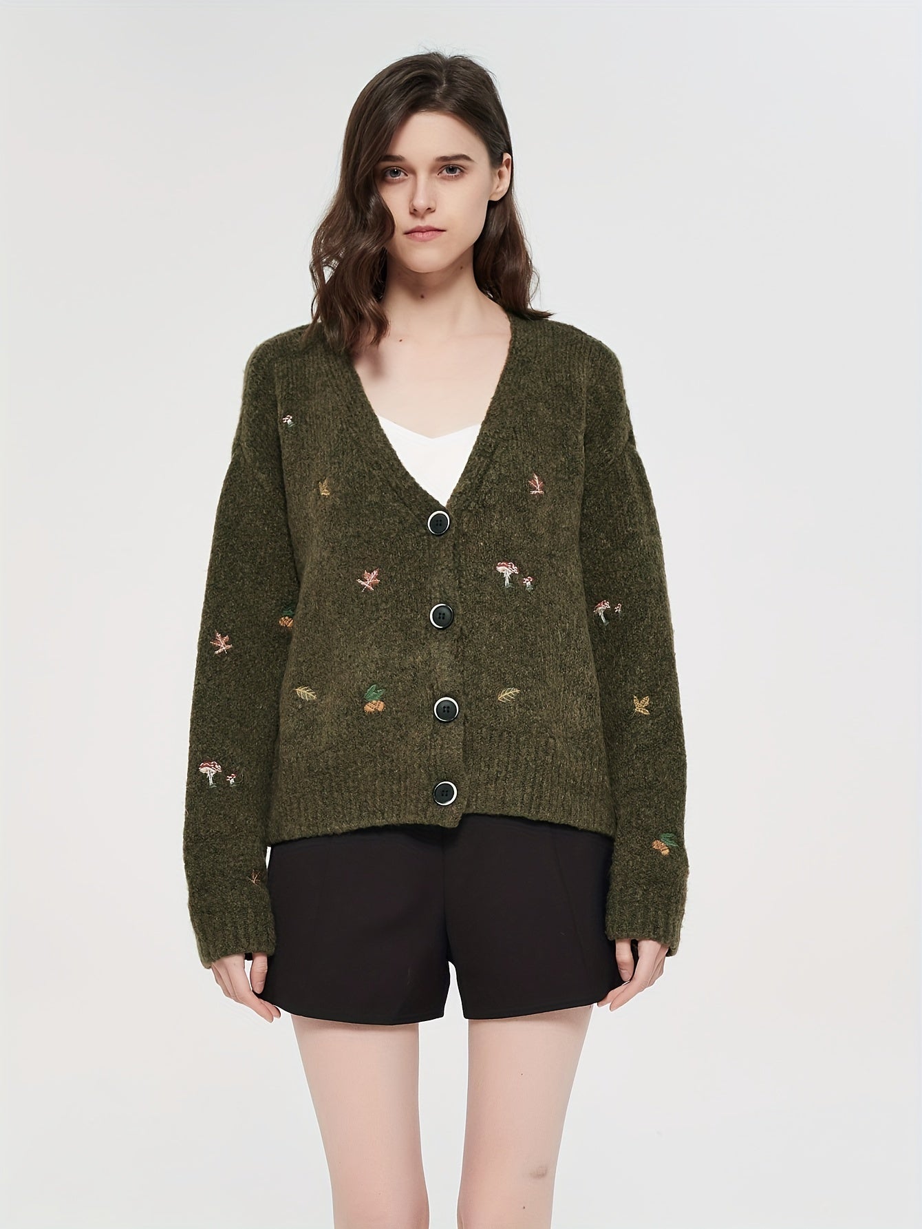 Sixsr Graphic Pattern Button Down Knit Cardigan, Vintage Long Sleeve Loose Sweater, Women's Clothing