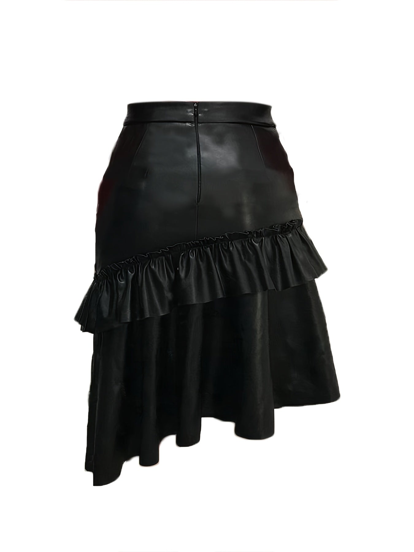 Sixsr Beads PU Leather Skirts, Bodycon Ruffle Trim Black Casual Skirts, Women's Clothing