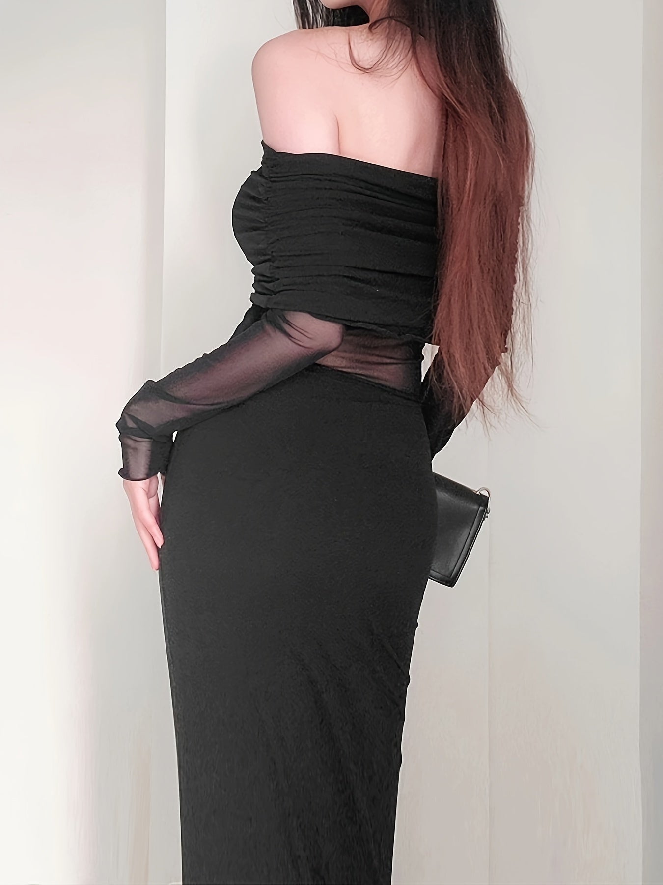 Sixsr Foldover Off-shoulder Mesh Dress, Stylish Long Sleeve Slim Dress, Women's Clothing