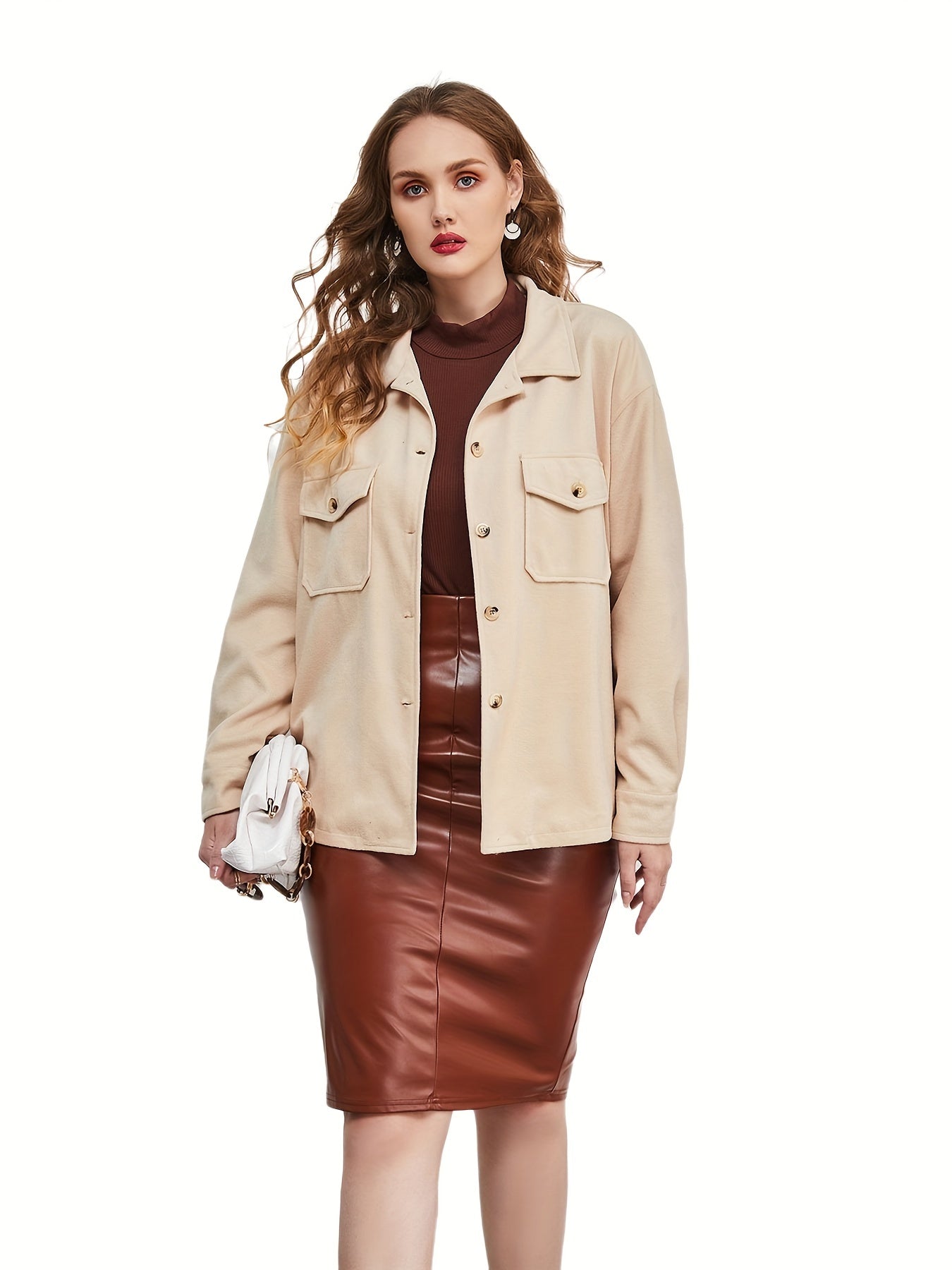 Sixsr Plus Size Casual Coat, Women's Plus Solid Button Up Side Pocket Collared Long Sleeve Coat