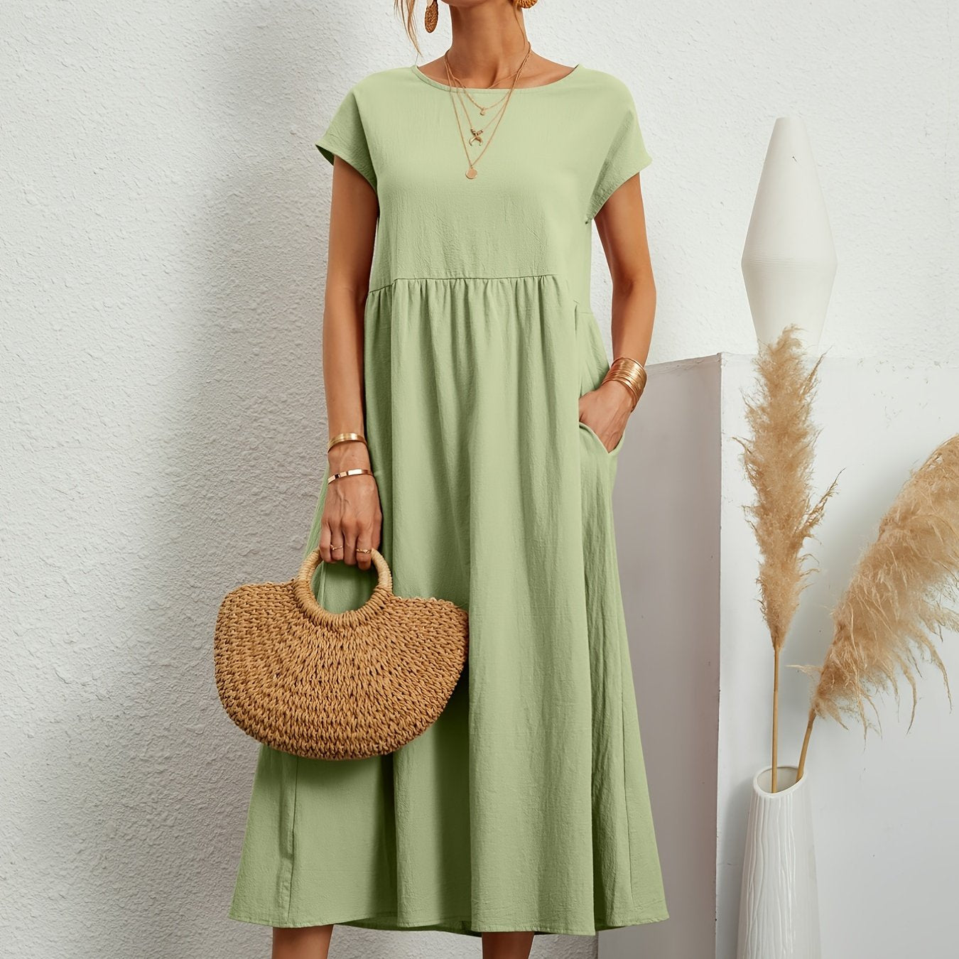 Sixsr Loose Pocket Solid Dress, Casual Short Sleeve Crew Neck Waist Summer Dress, Women's Clothing