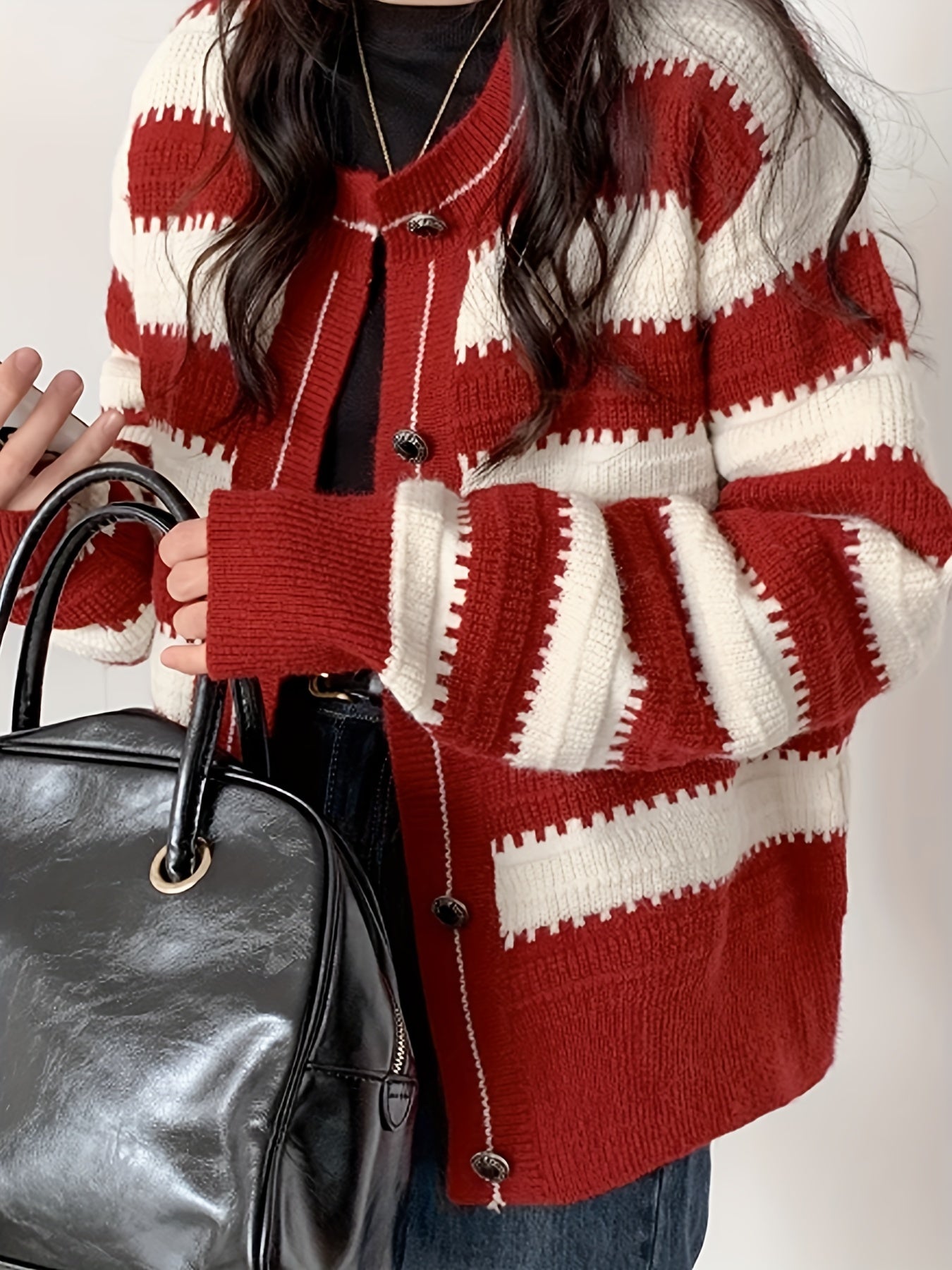 Sixsr Striped Pattern Button Front Cardigan, Vintage Long Sleeve Drop Shoulder Outwear, Women's Clothing