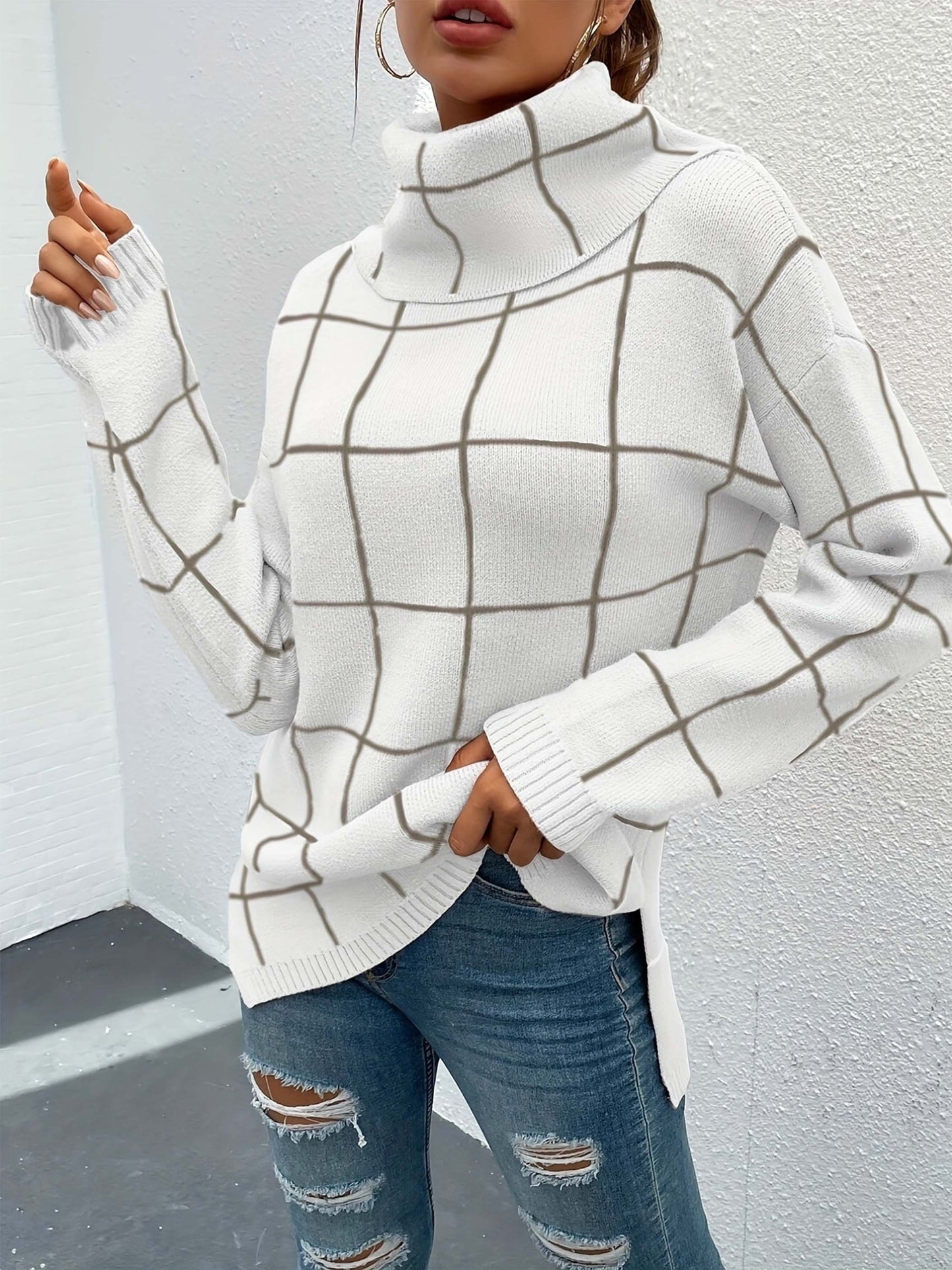 Sixsr Plaid Pattern Turtleneck Knitted Pullover Top, Casual Long Sleeve Sweater For Fall & Winter, Women's Clothing