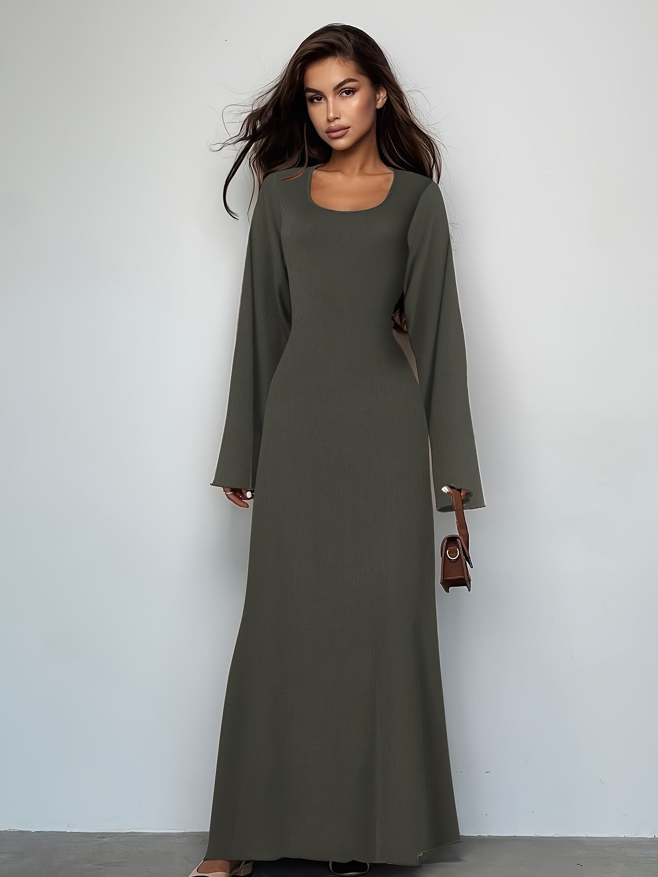 Sixsr Solid Tie Back U Neck Dress, Elegant Long Sleeve Maxi Dress, Women's Clothing