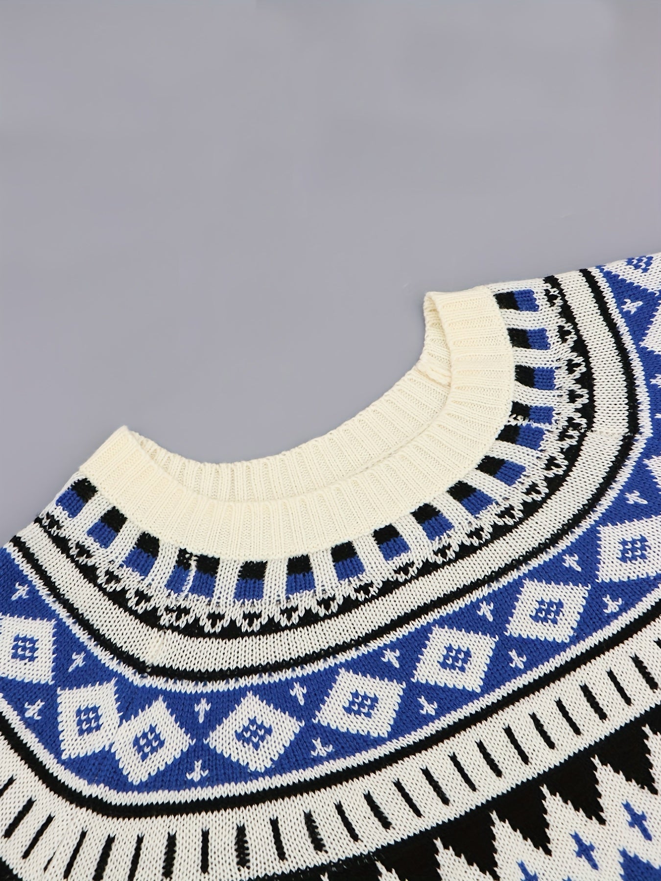 Sixsr Plus Size Boho Sweater, Women's Plus Geo Patterned Long Sleeve Crew Neck Medium Stretch Pullover Jumper