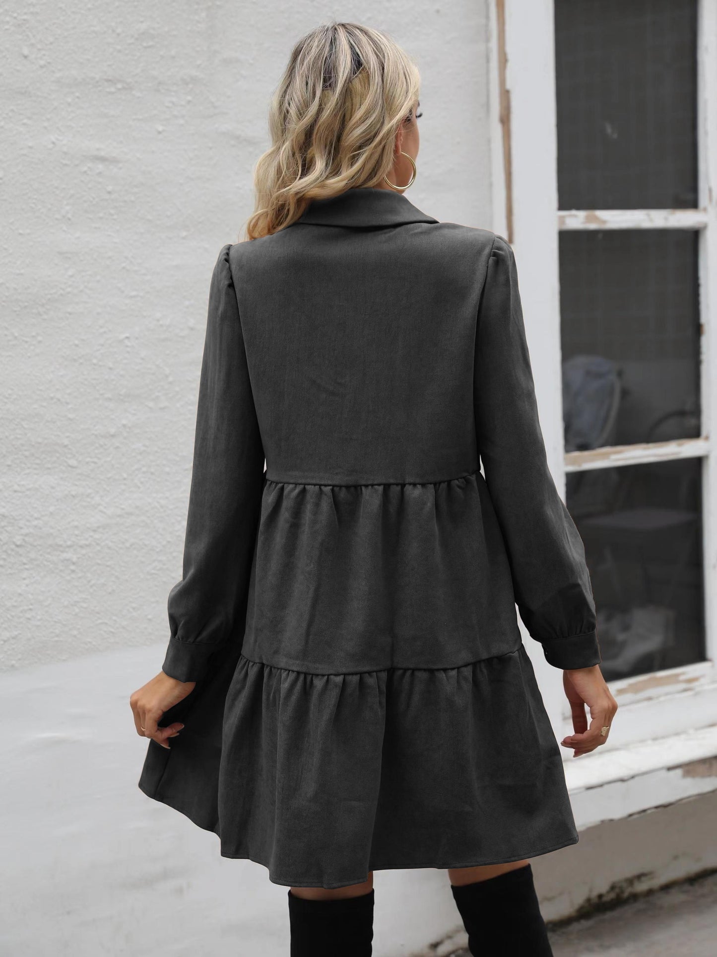 Sixsr Button Front Tiered Dress, Casual Solid Long Sleeve Dress, Women's Clothing