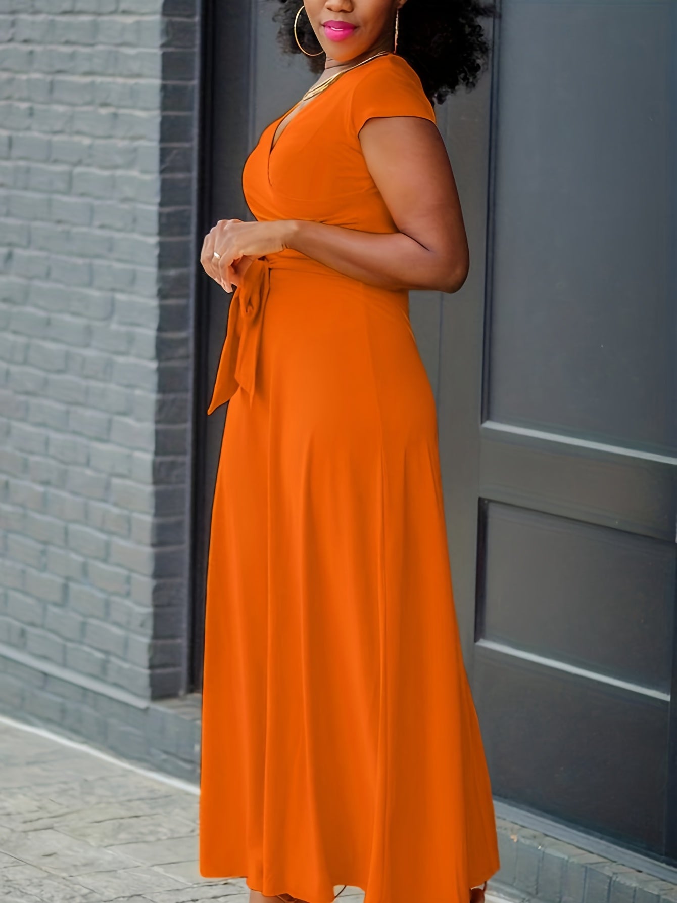 Solid Surplice Neck Maxi Dress, Elegant Belted Short Sleeve Dress For Spring & Summer, Women's Clothing