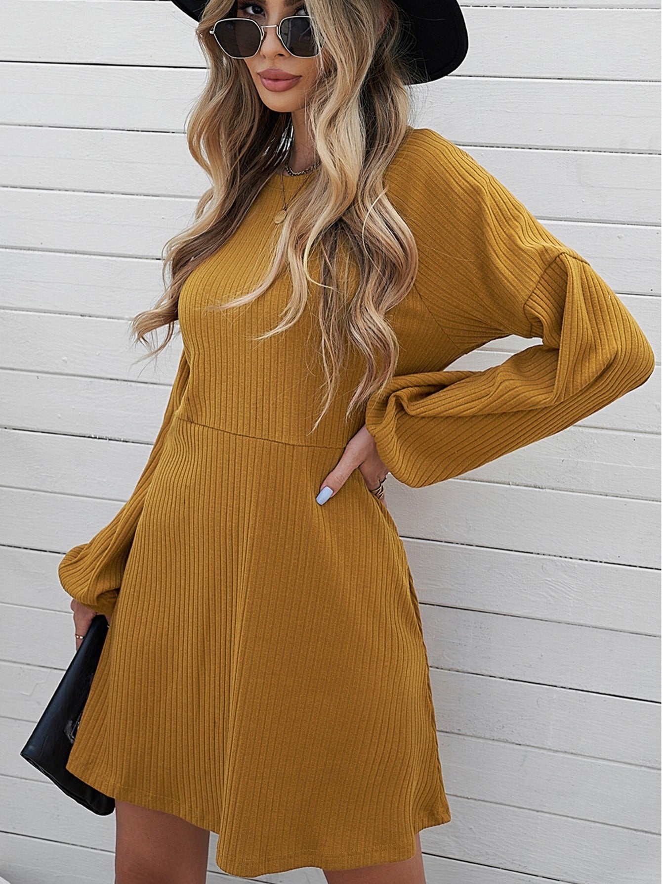 Sixsr Women's Dresses Round Neck Empire Waist Ribbed Knit Dresses