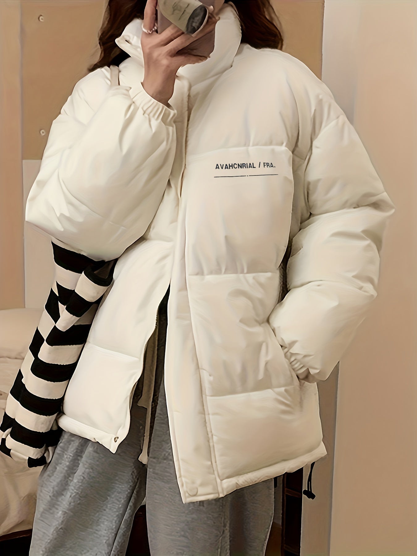 Sixsr Zip Up Letter Print Puffy Coat, Long Sleeve Slant Pockets Outwear For Winter, Women's Clothing
