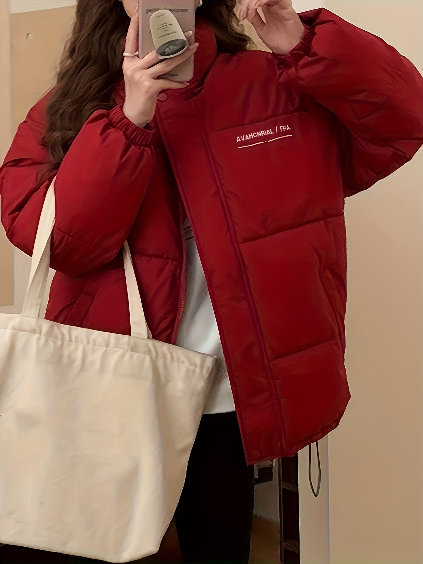 Sixsr Zip Up Letter Print Puffy Coat, Long Sleeve Slant Pockets Outwear For Winter, Women's Clothing