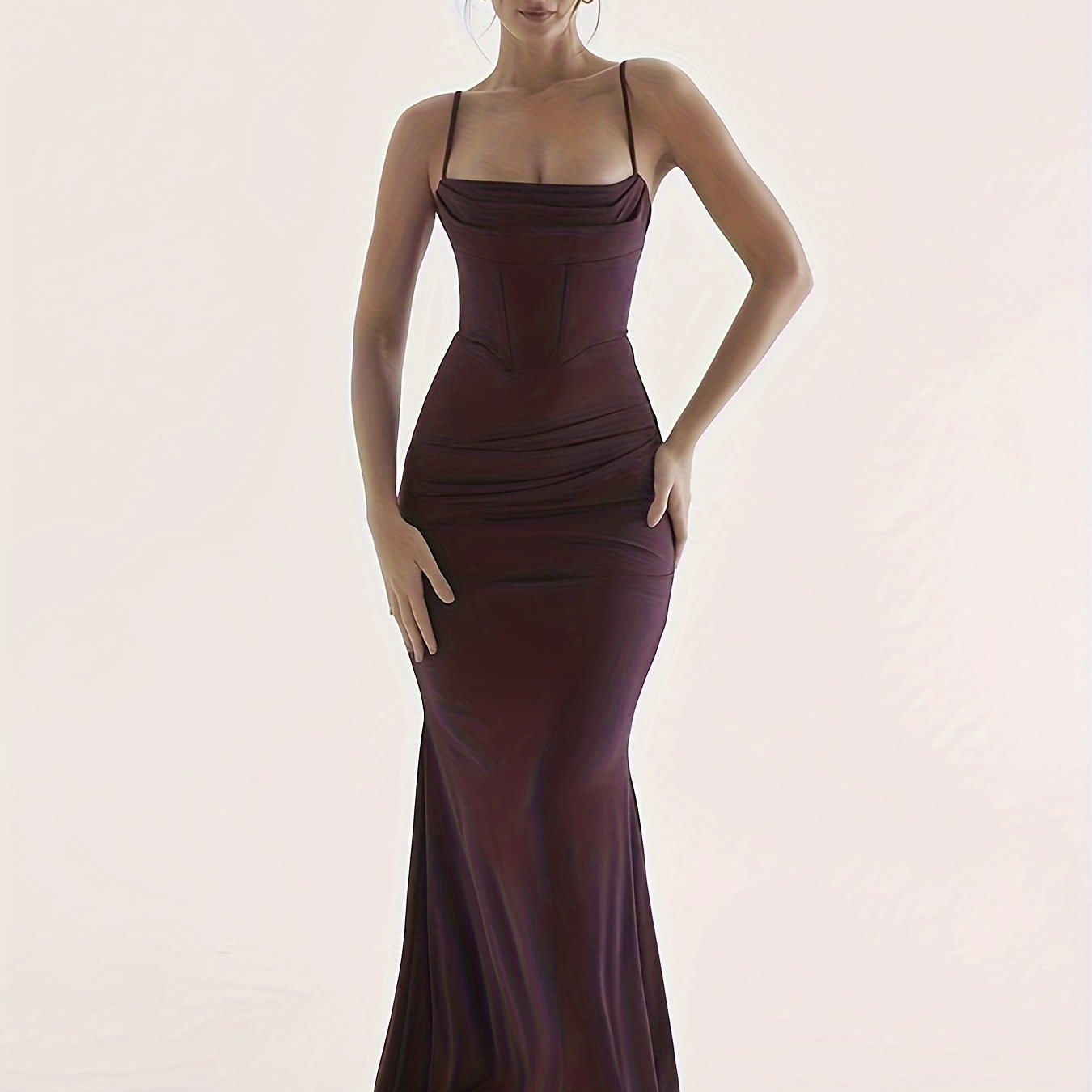 Sixsr Solid Ruched Cami Dress, Sleeveless Bodycon Maxi Dress, Women's Clothing