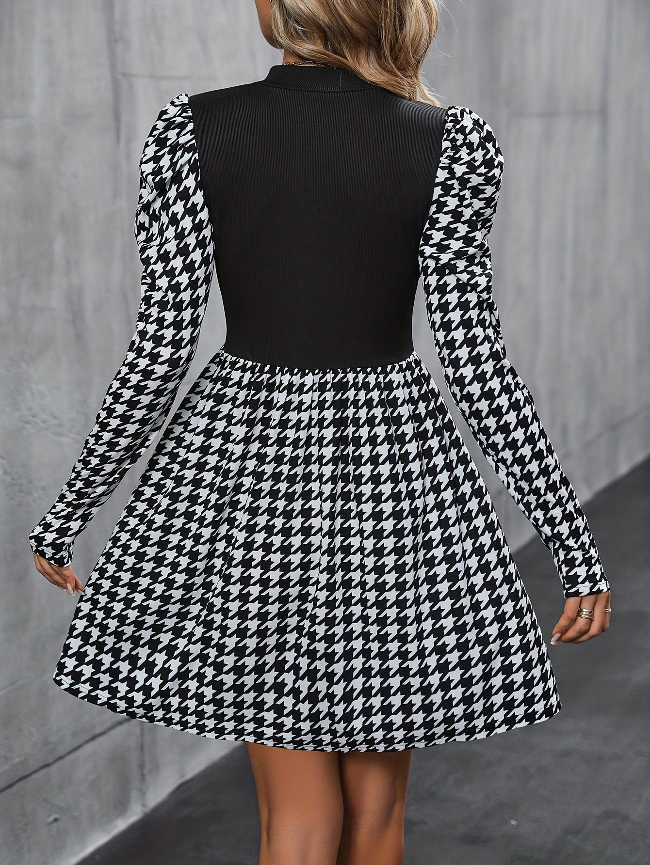 Sixsr Houndstooth Print Ruched Dress, Elegant Long Sleeve Mini Dress, Women's Clothing