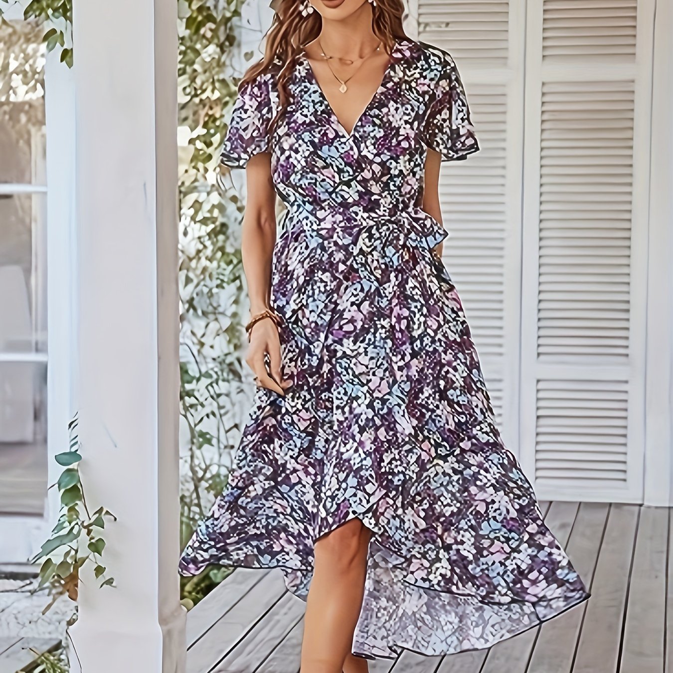 Sixsr Floral Print Wrap Dress, Boho Short Sleeve V Neck Dress, Women's Clothing