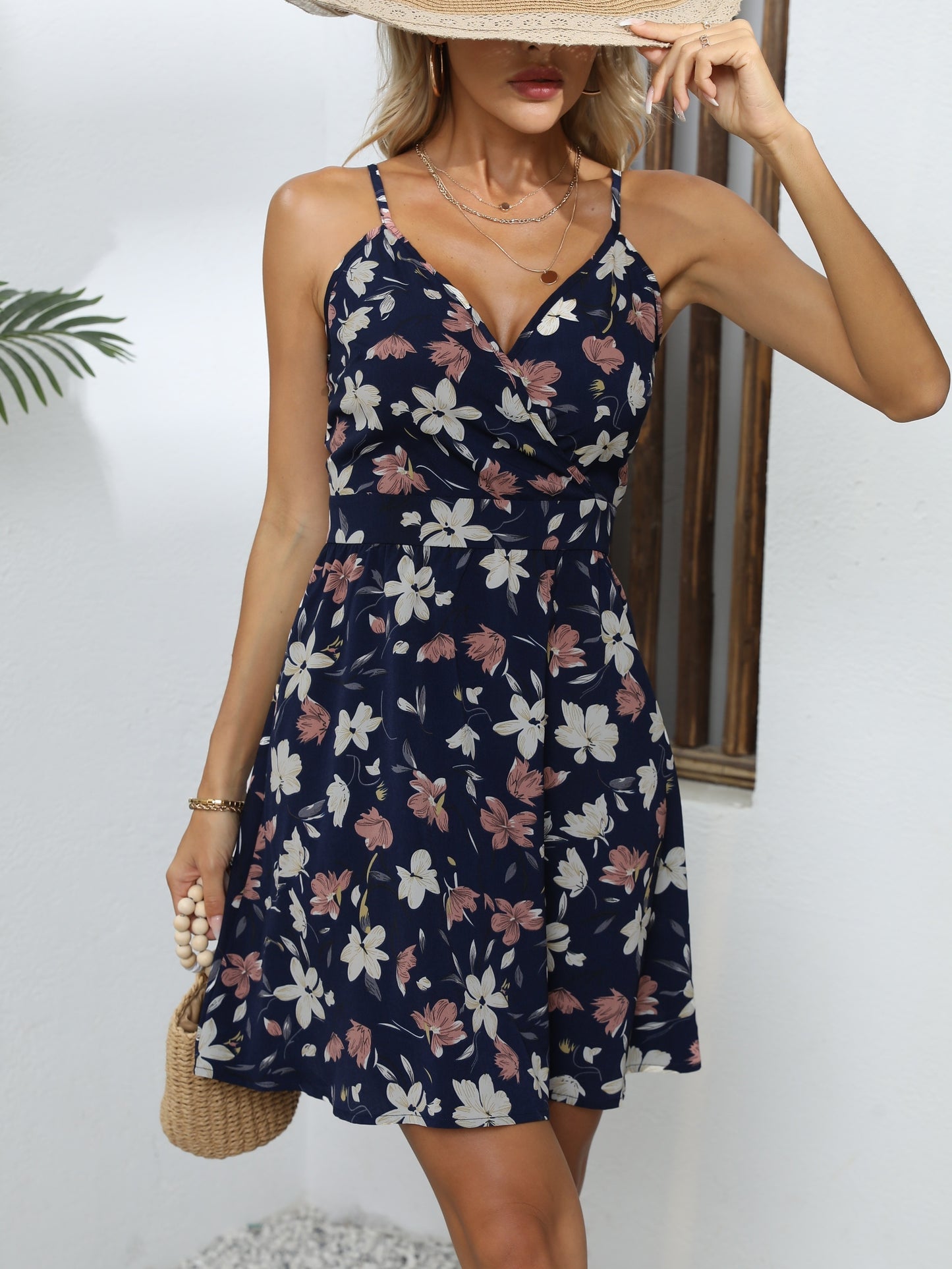 Sixsr Floral Print Spaghetti Dress, Romantic Plunging V-neck Backless Cami Dress, Women's Clothing