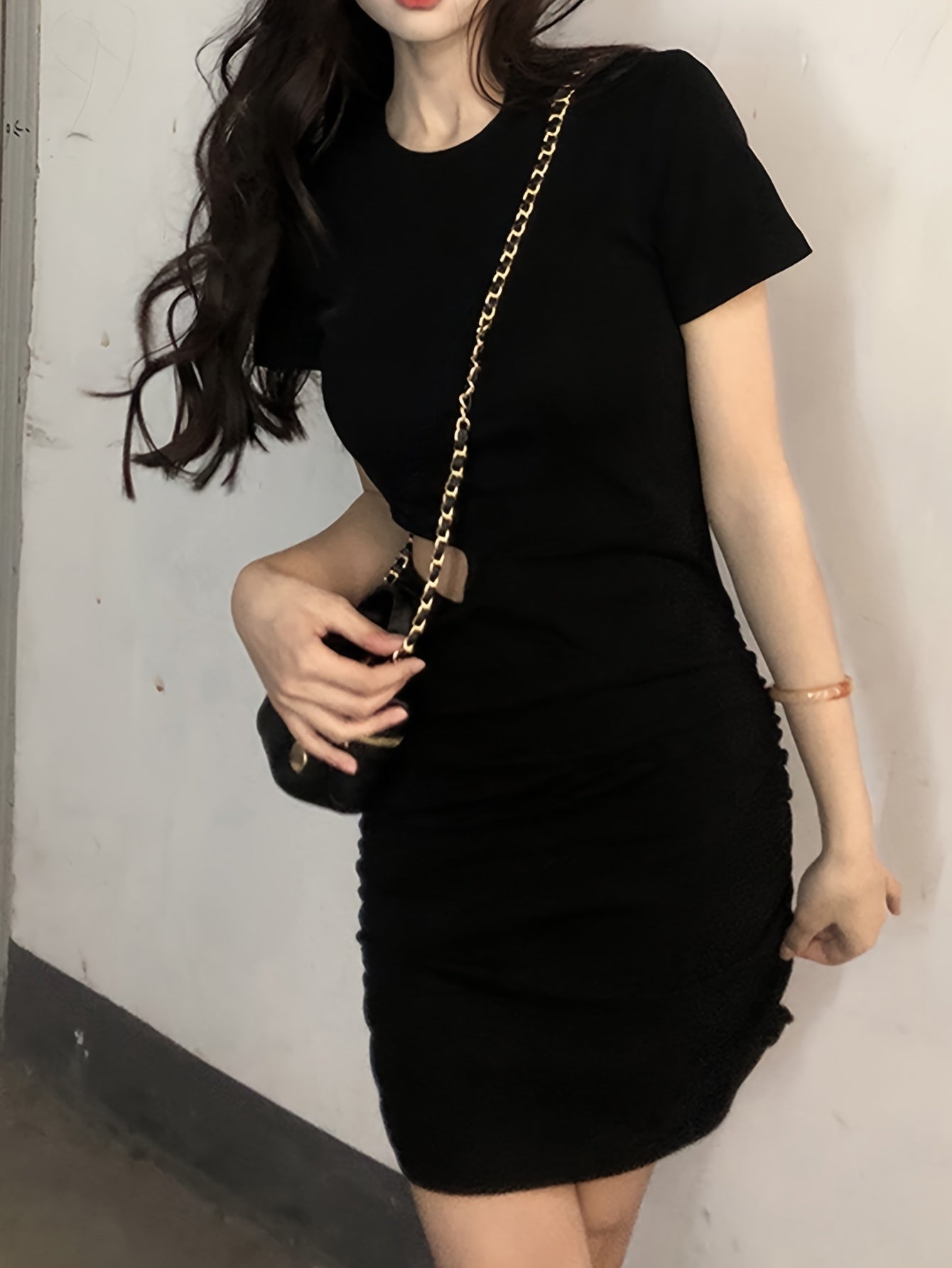 Sixsr Solid Cut Out Ruched Dress, Casual Short Sleeve Dress For Spring & Summer, Women's Clothing