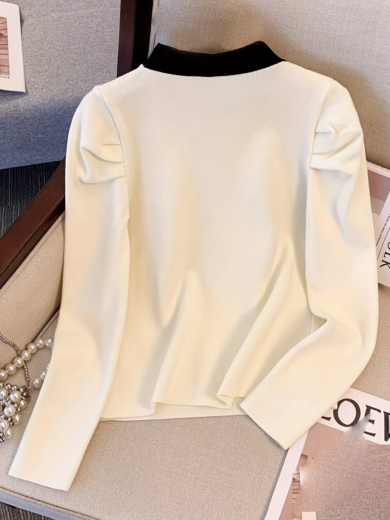 Sixsr Contrast Trim Crew Neck Knit Sweater, Casual Long Sleeve Ruched Sweater, Women's Clothing
