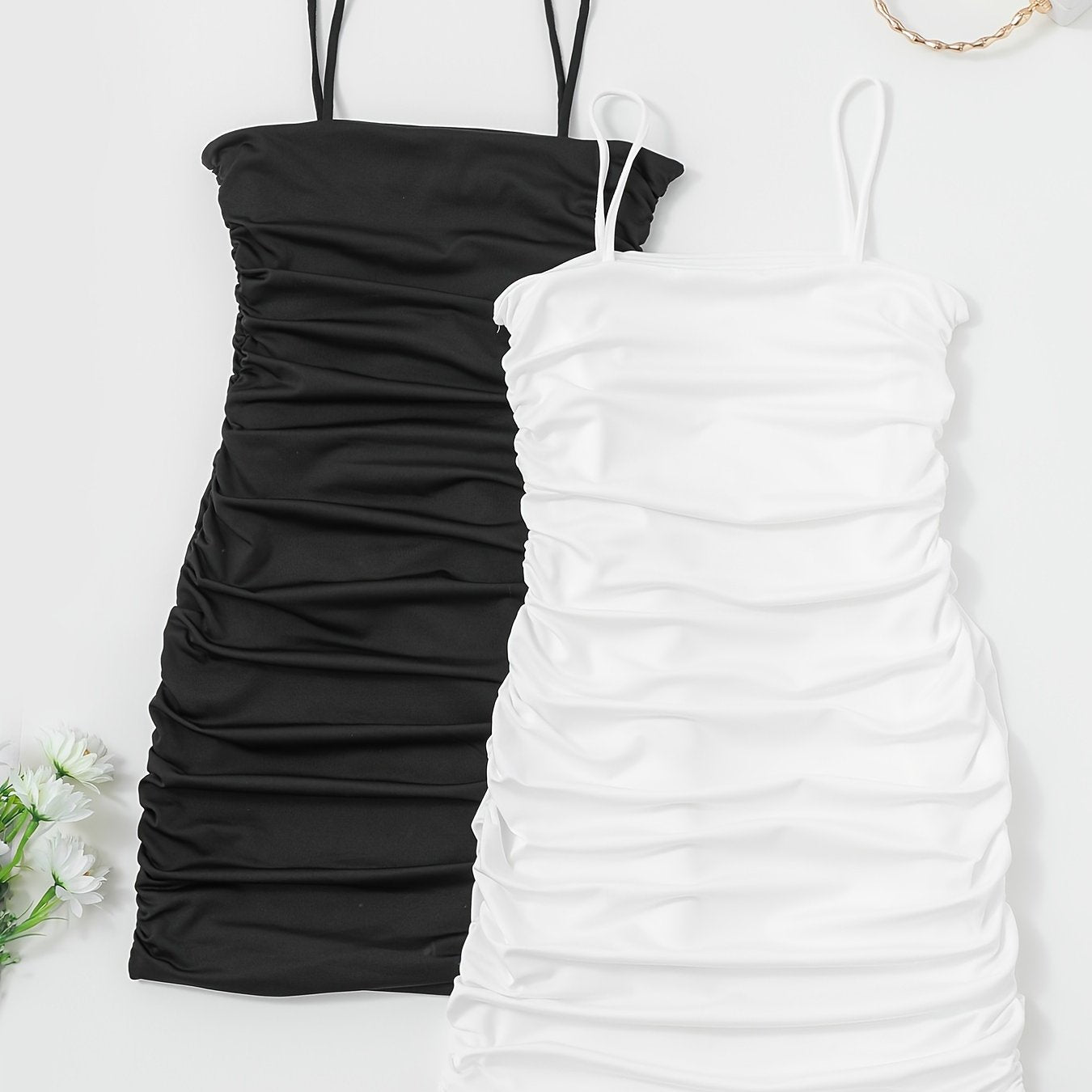 Sixsr 2pcs Solid Bodycon Cami Dress Set, Casual Every Day Dress For Spring & Summer, Women's Clothing