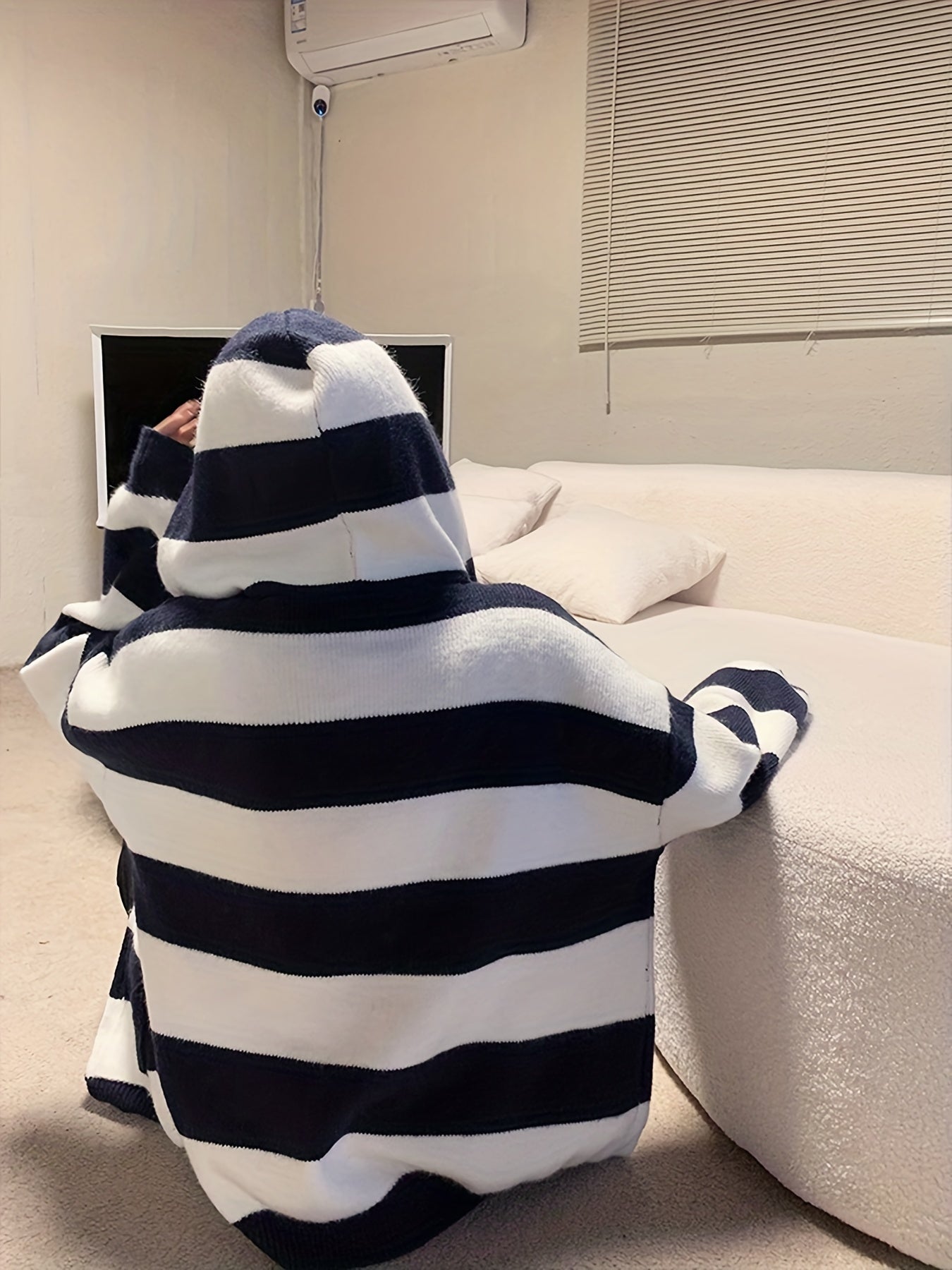 Sixsr Striped Zip Up Knit Cardigan, Vintage Long Sleeve Loose Hooded Sweater, Women's Clothing