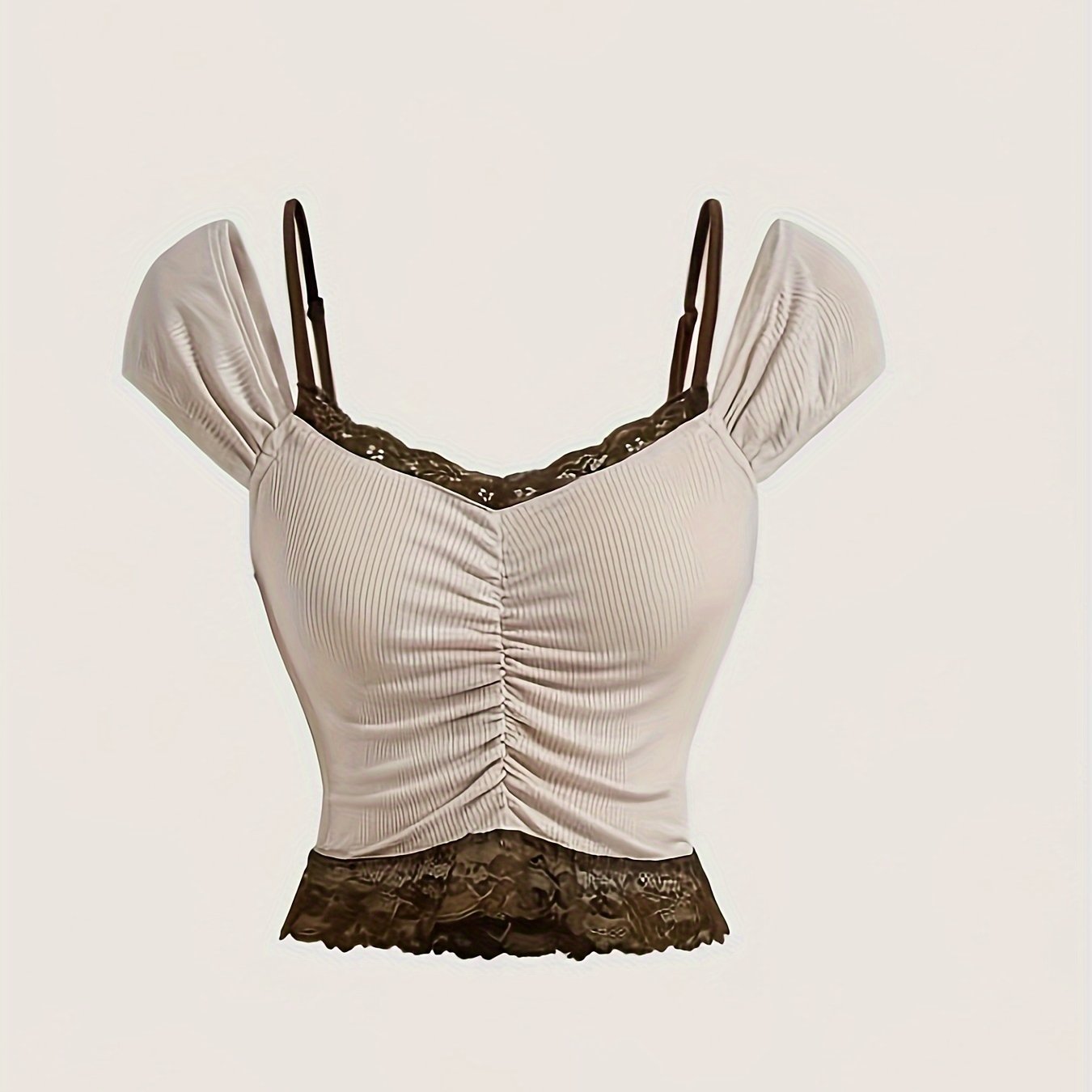 Sixsr Faux Twinset Contrast Lace Strap Top, Casual Cap Sleeve Ruched Crop Top For Spring & Summer, Women's Clothing