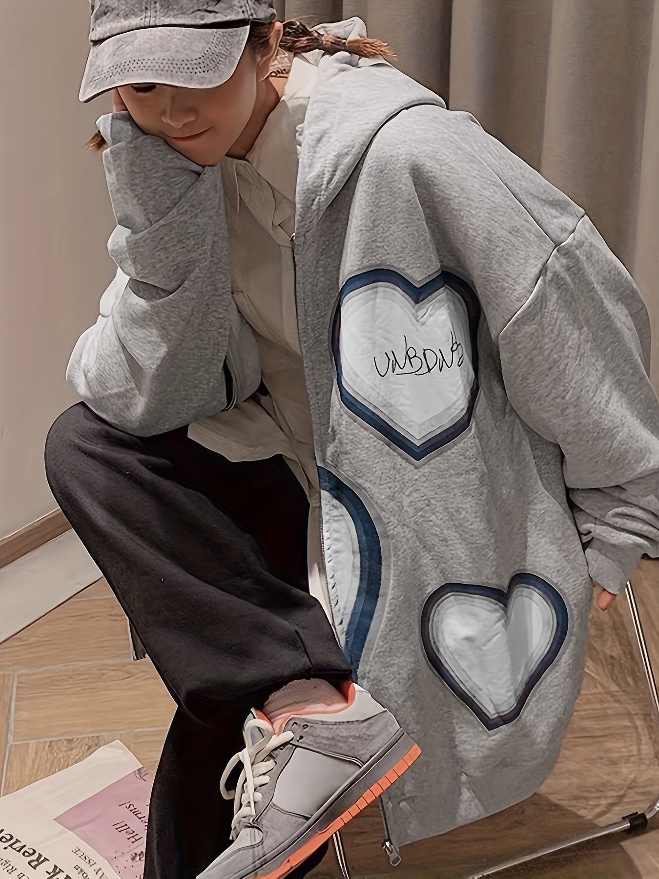 Sixsr Heart Print Zip Up Drawstring Hoodie, Y2K Long Sleeve Drop Shoulder Hoodie, Women's Clothing
