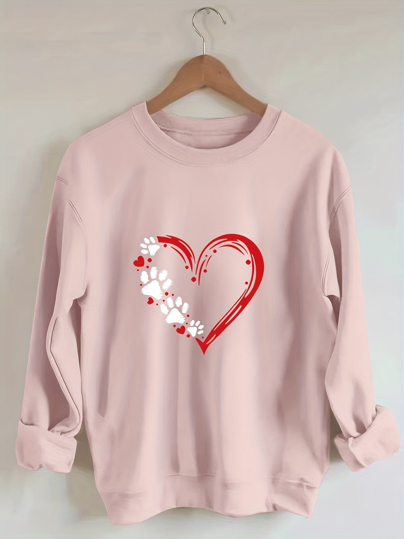 Sixsr Plus Size Casual Sweatshirt, Women's Plus Paw Heart Print Long Sleeve Round Neck Slight Stretch Sweatshirt