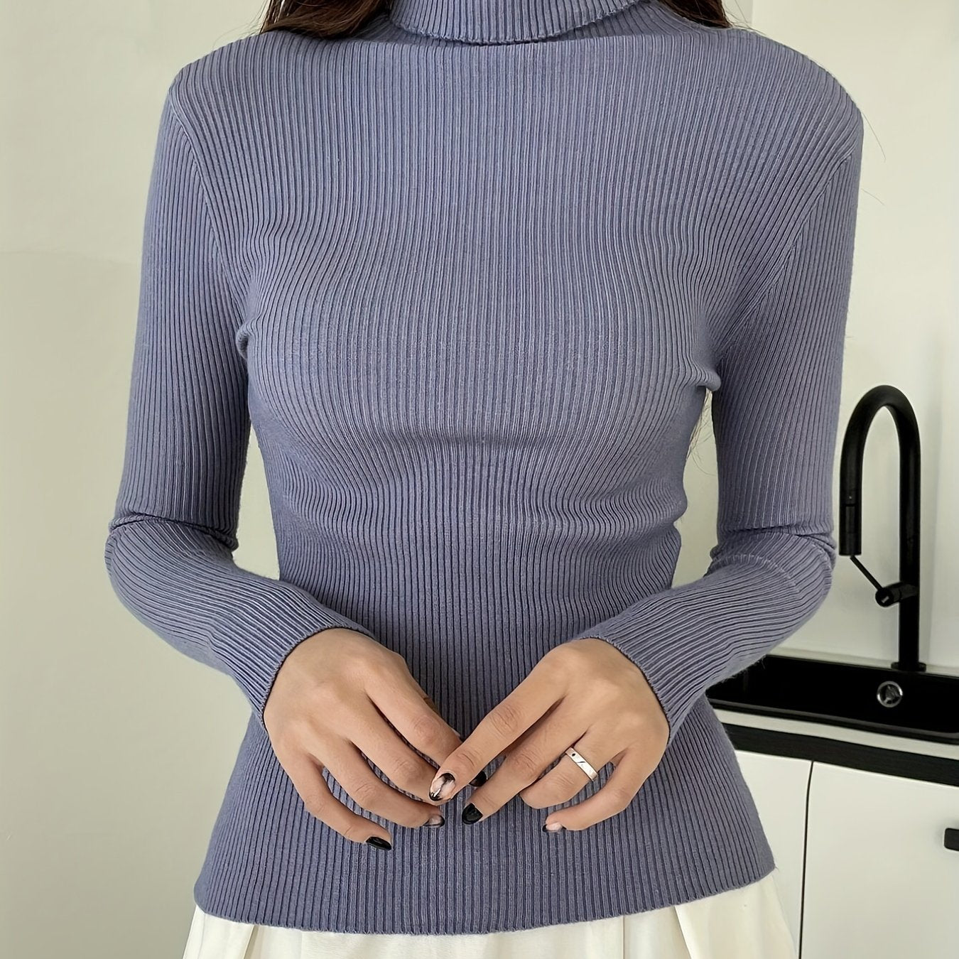 Sixsr Women's Sweater Turtleneck Solid Ribbed Long Sleeve Slim Pullover Knit Tops