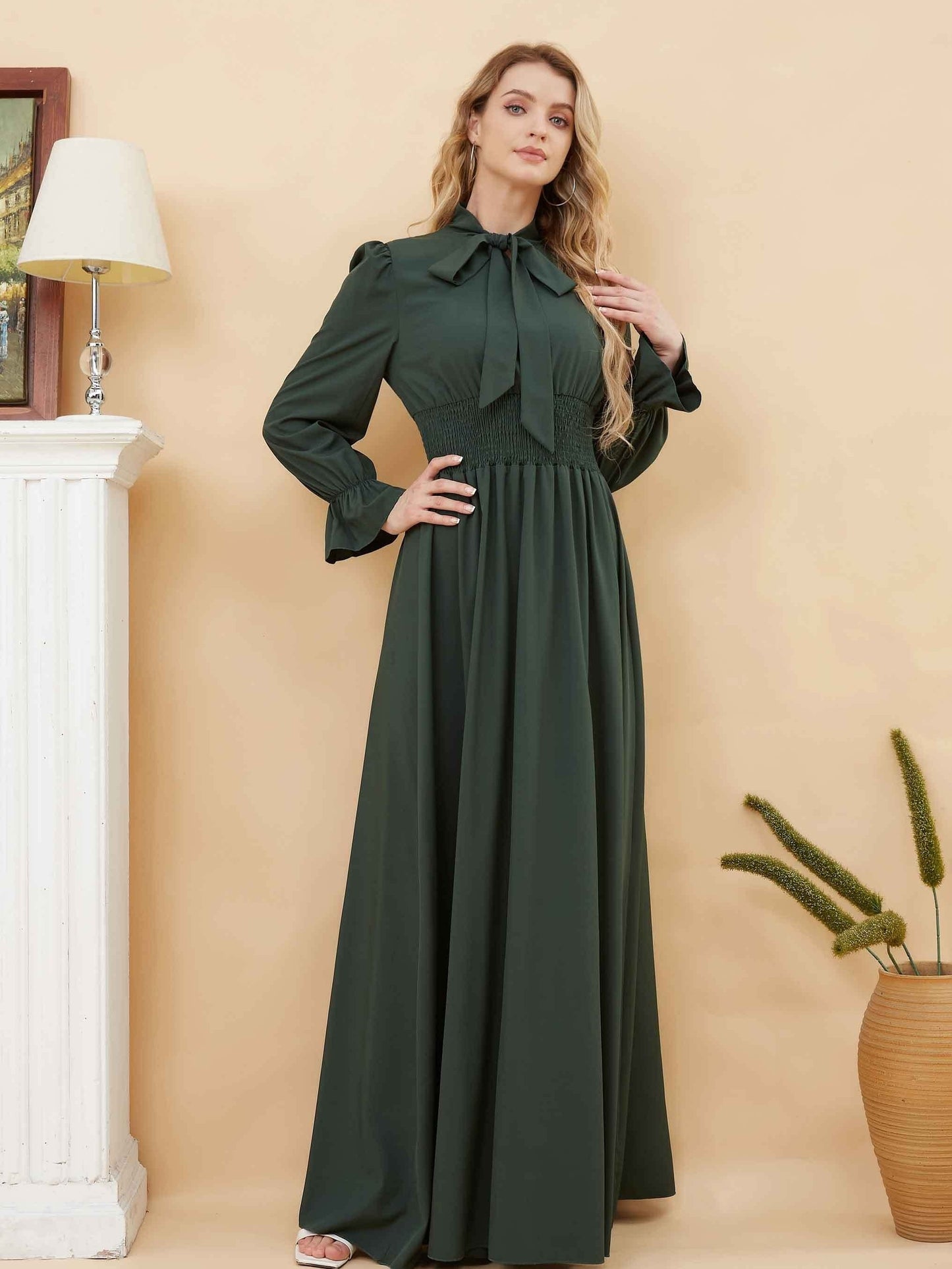 Sixsr Solid Shirred Waist Tie Neck Dress, Elegant Ruffle Cuff Long Sleeve Dress, Women's Clothing