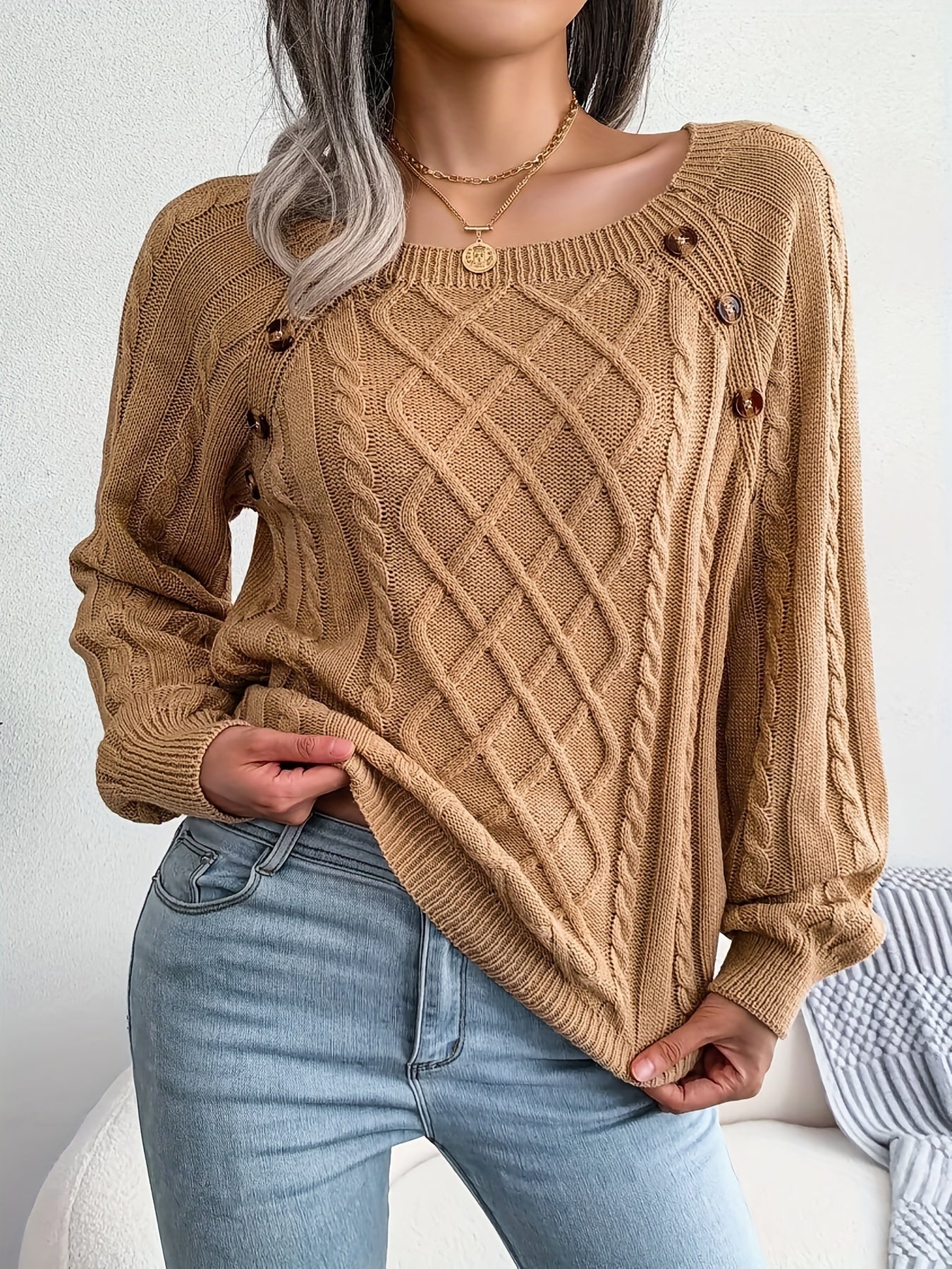 Sixsr Plus Size Casual Sweater, Women's Plus Solid Jacquard Lantern Sleeve Boat Neck Pullover Sweater