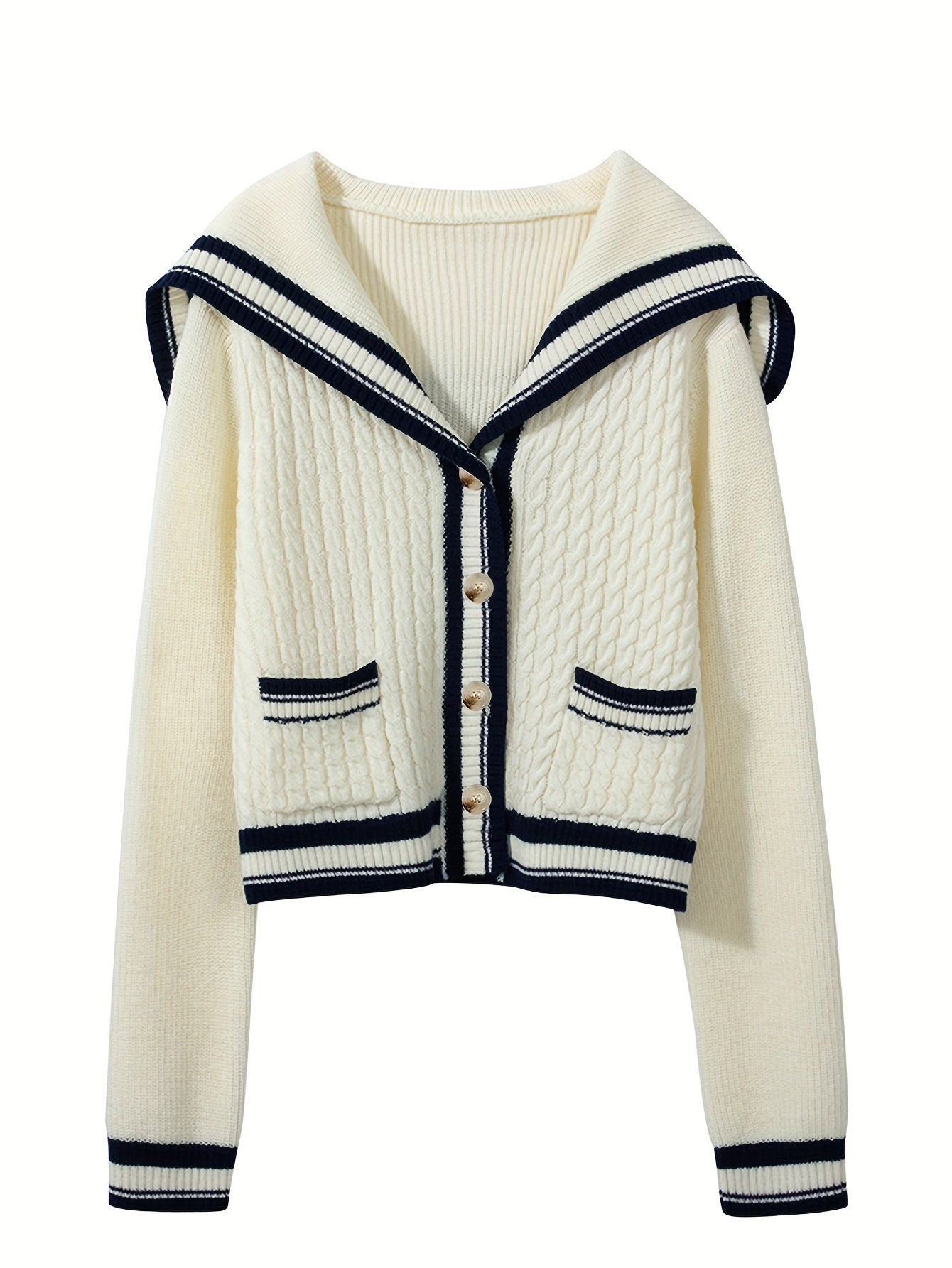 Sixsr Striped Button Down Cable Knit Cardigan, Elegant Collared Long Sleeve Preppy Style Sweater, Women's Clothing