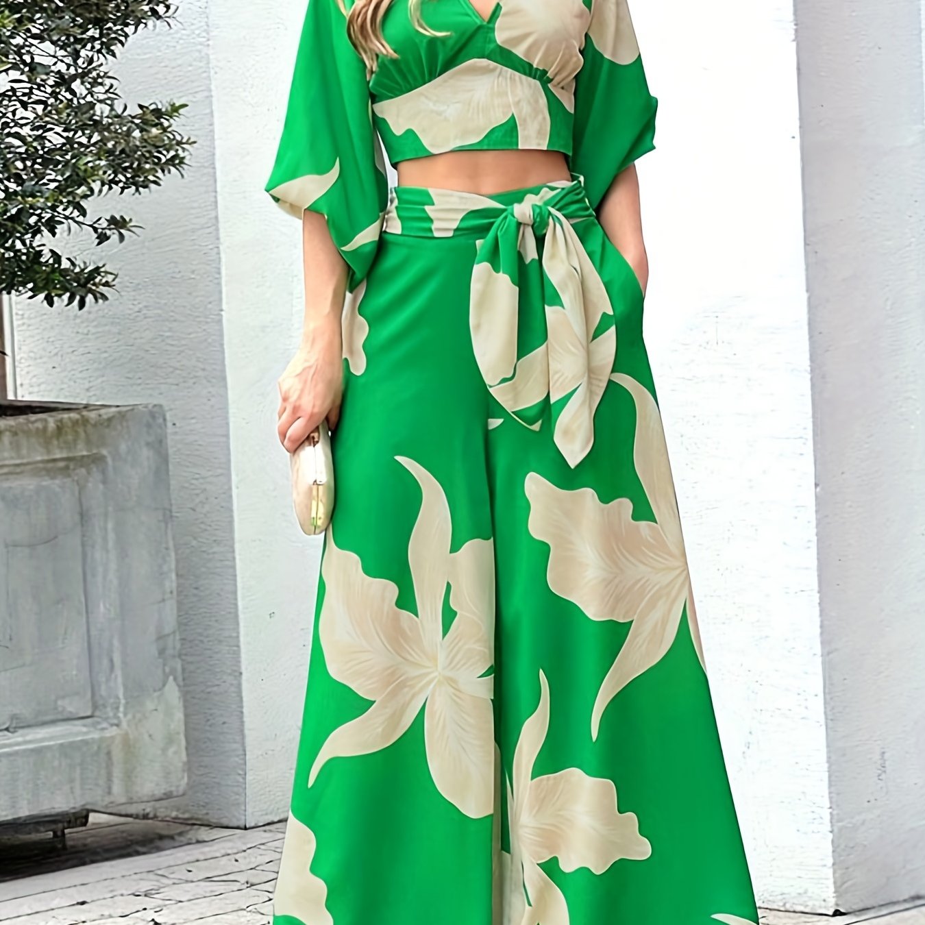Floral Print V-neck Lace Up Suit, High Waist Wide Leg Pants And Lantern Sleeve V-neck Top Set, Women's Clothing