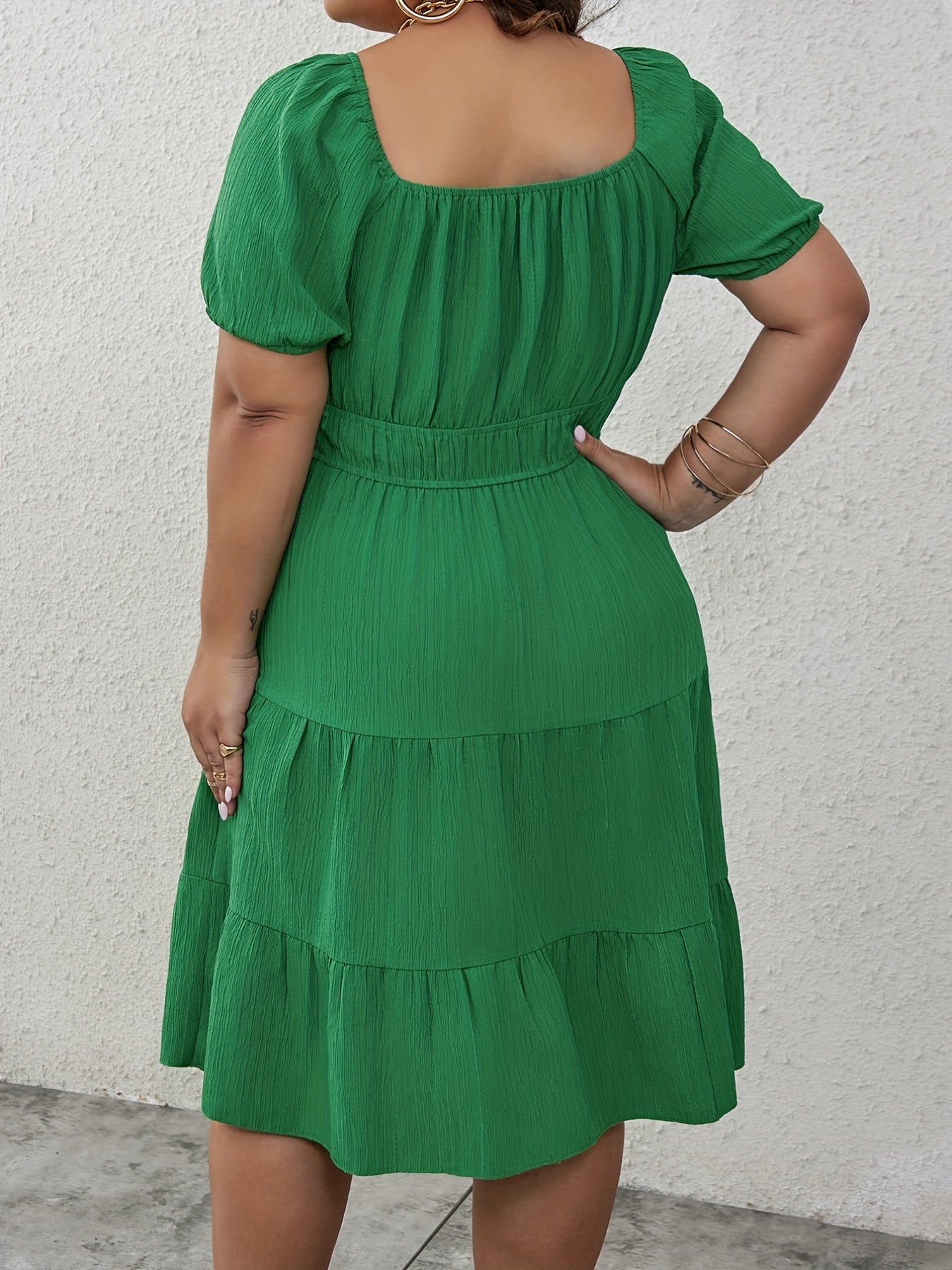 Sixsr Plus Size Casual Dress, Women's Plus Solid Crinkle Knot Short Sleeve Square Neck Smock Dress