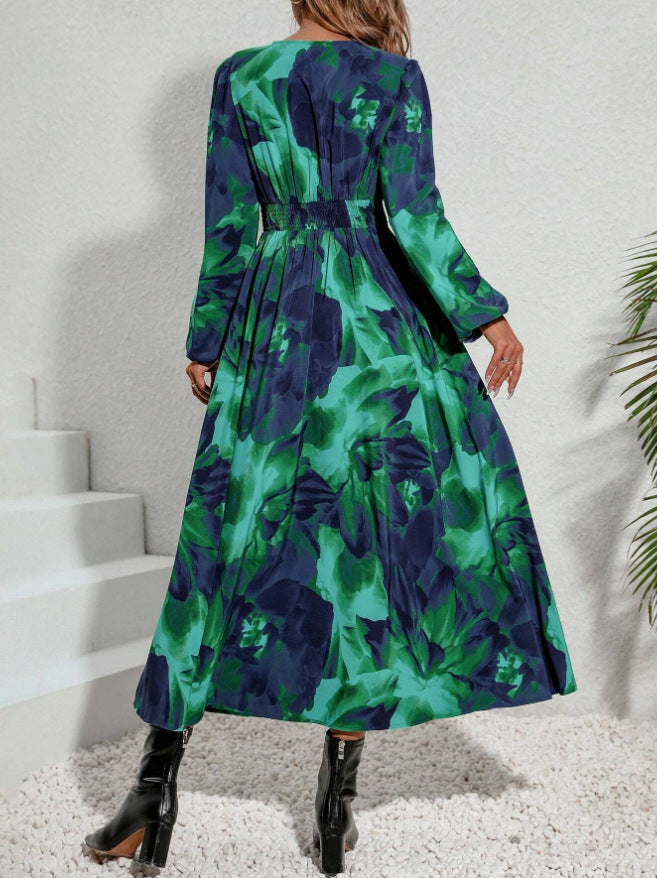 Sixsr Allover Print Flared Long Sleeve Dress, Casual V Neck High Waist Midi Dress, Women's Clothing